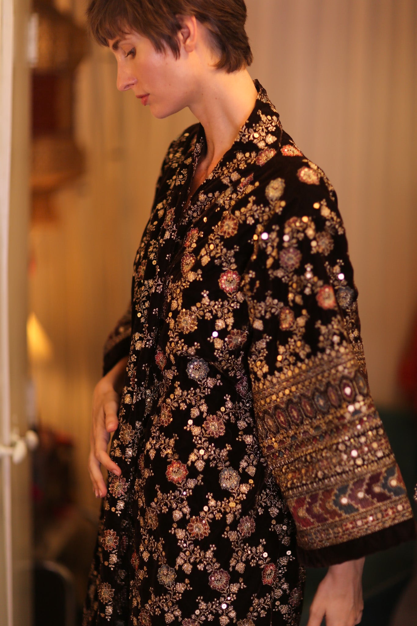 EMBROIDERED VELVET COAT KIMONO MELNU