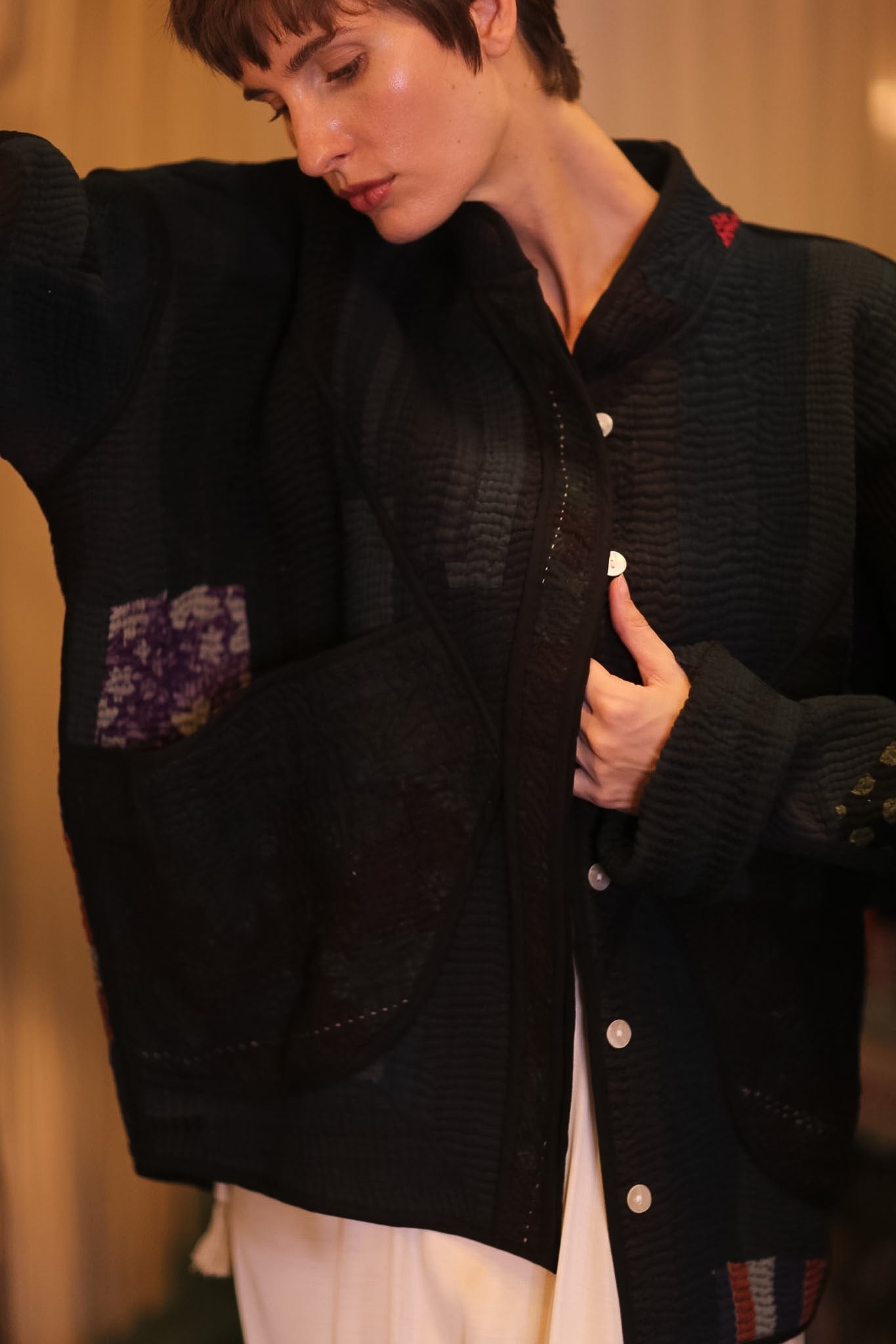 BLACK KANTHA PATCHWORK JACKET BLACK HERBERT - BANGKOK TAILOR CLOTHING STORE - HANDMADE CLOTHING