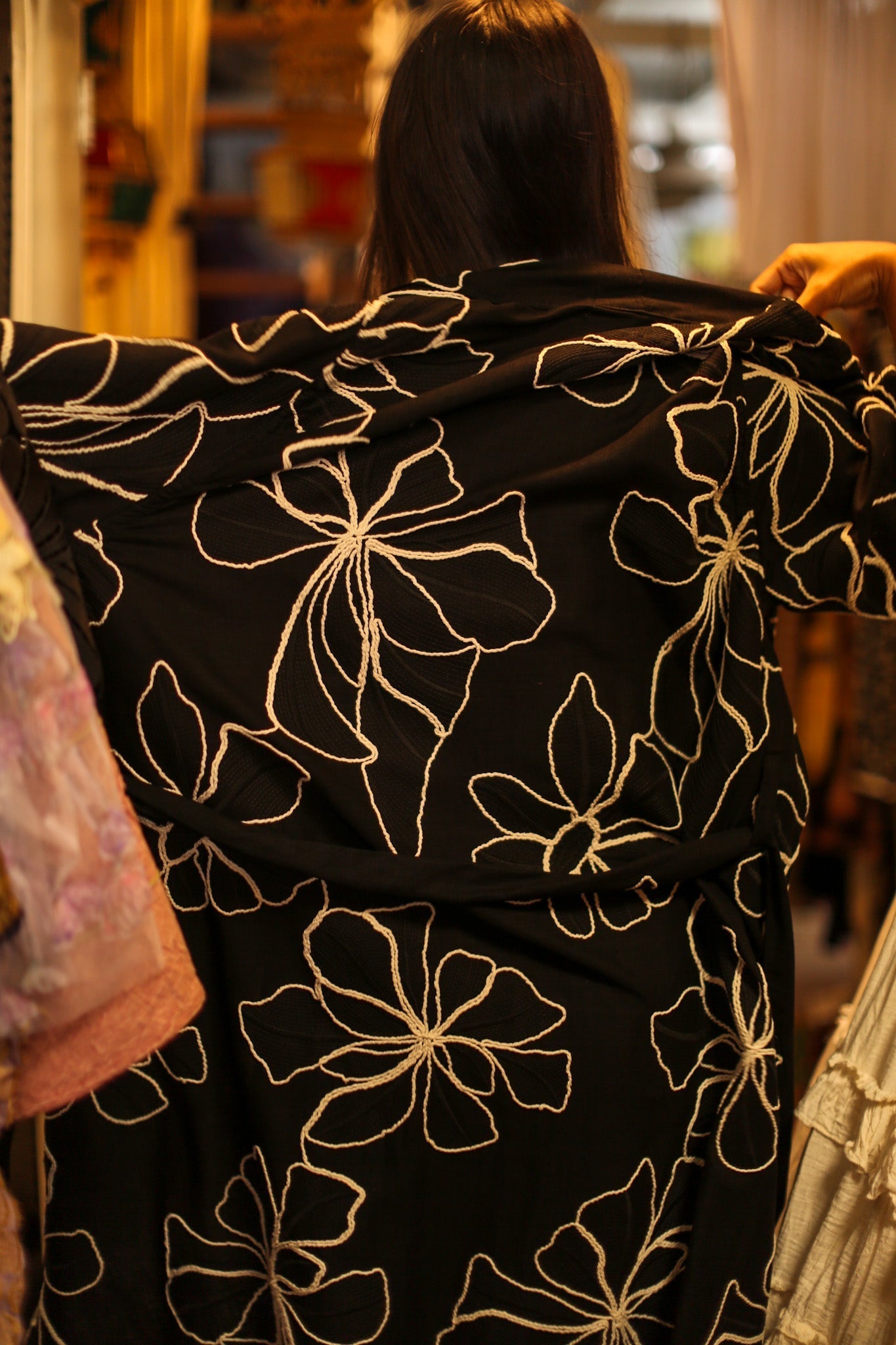 BLACK LINEN EMBROIDERED KIMONO MARIETTA - BANGKOK TAILOR CLOTHING STORE - HANDMADE CLOTHING