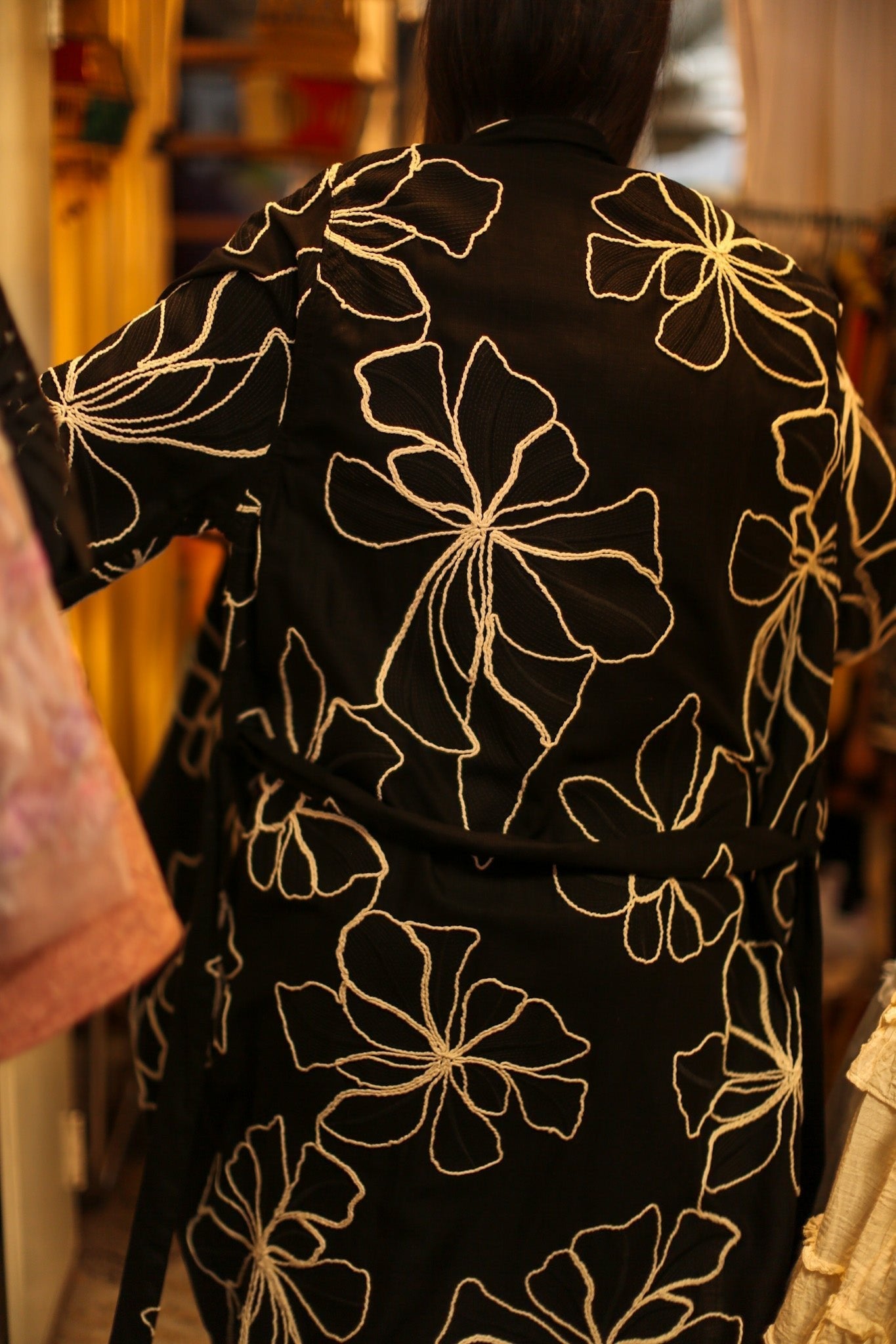 BLACK LINEN EMBROIDERED KIMONO MARIETTA - BANGKOK TAILOR CLOTHING STORE - HANDMADE CLOTHING