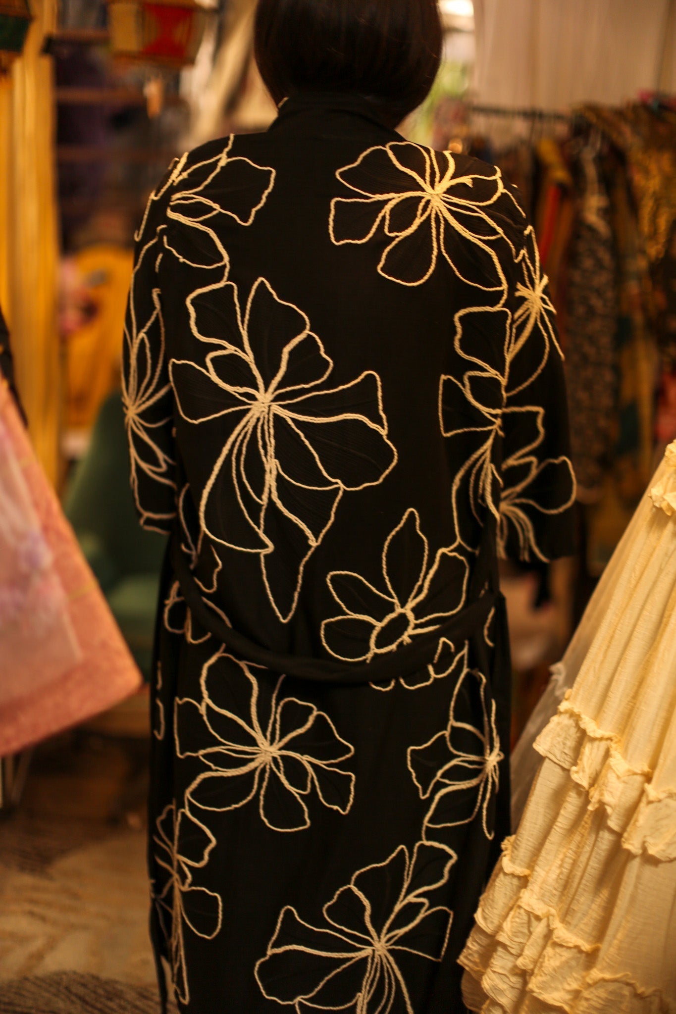 BLACK LINEN EMBROIDERED KIMONO MARIETTA - BANGKOK TAILOR CLOTHING STORE - HANDMADE CLOTHING