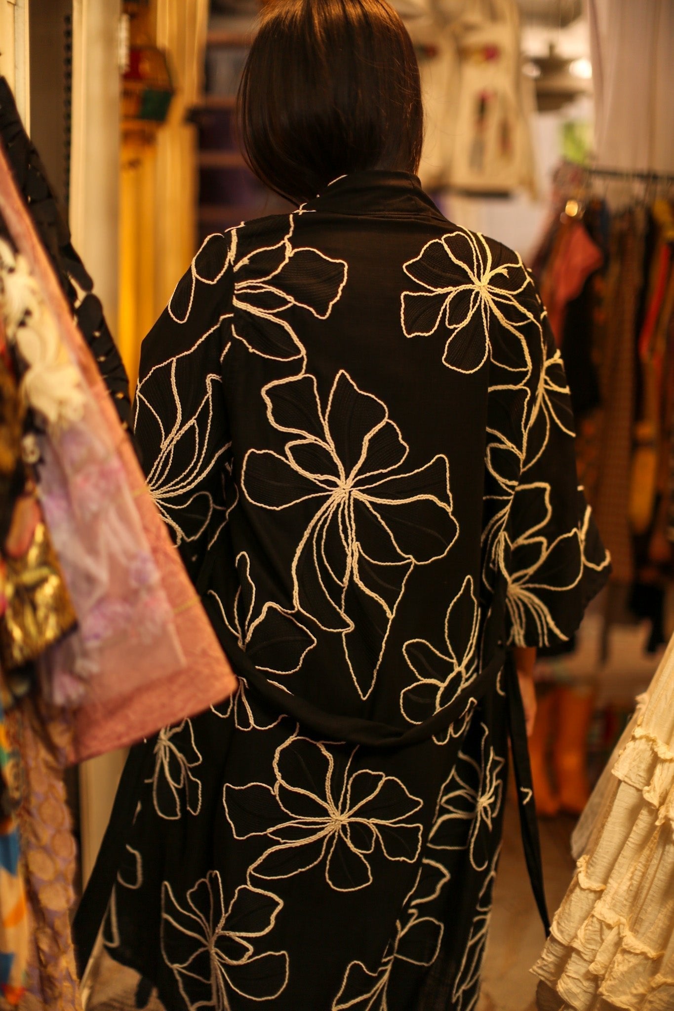 BLACK LINEN EMBROIDERED KIMONO MARIETTA - BANGKOK TAILOR CLOTHING STORE - HANDMADE CLOTHING