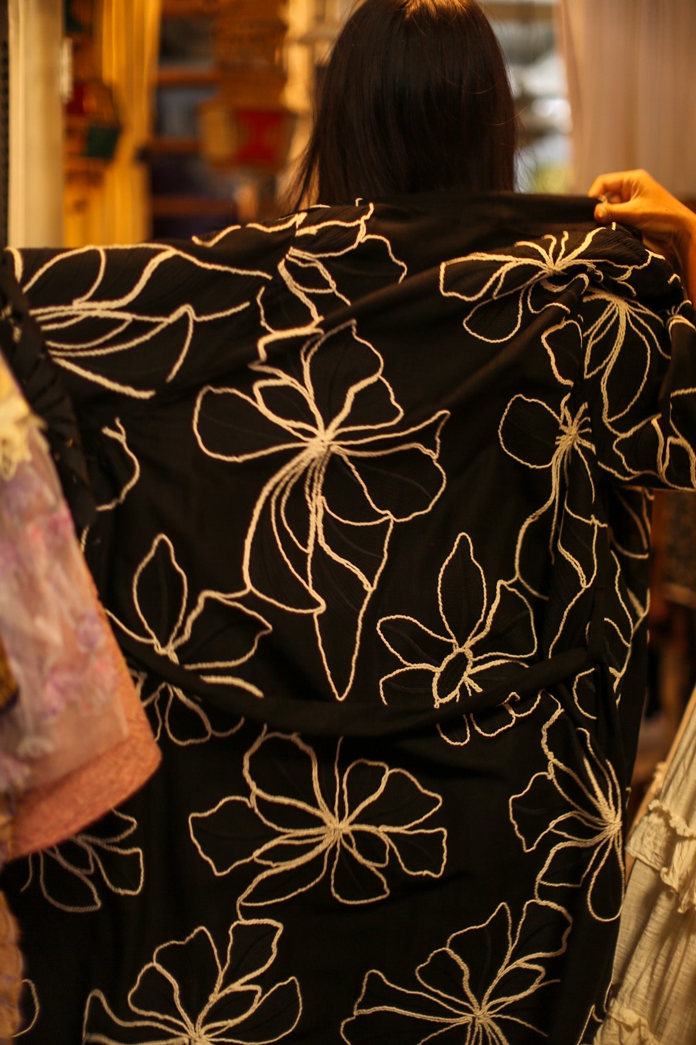 BLACK LINEN EMBROIDERED KIMONO MARIETTA - BANGKOK TAILOR CLOTHING STORE - HANDMADE CLOTHING