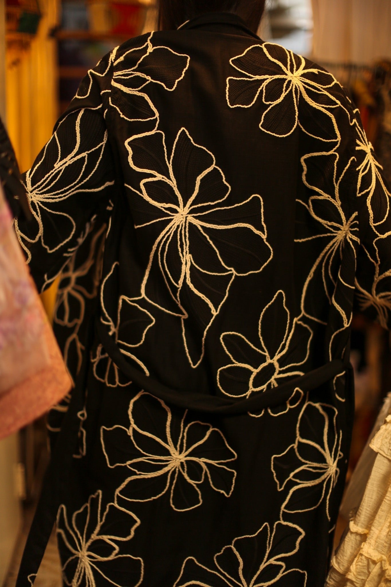 BLACK LINEN EMBROIDERED KIMONO MARIETTA - BANGKOK TAILOR CLOTHING STORE - HANDMADE CLOTHING