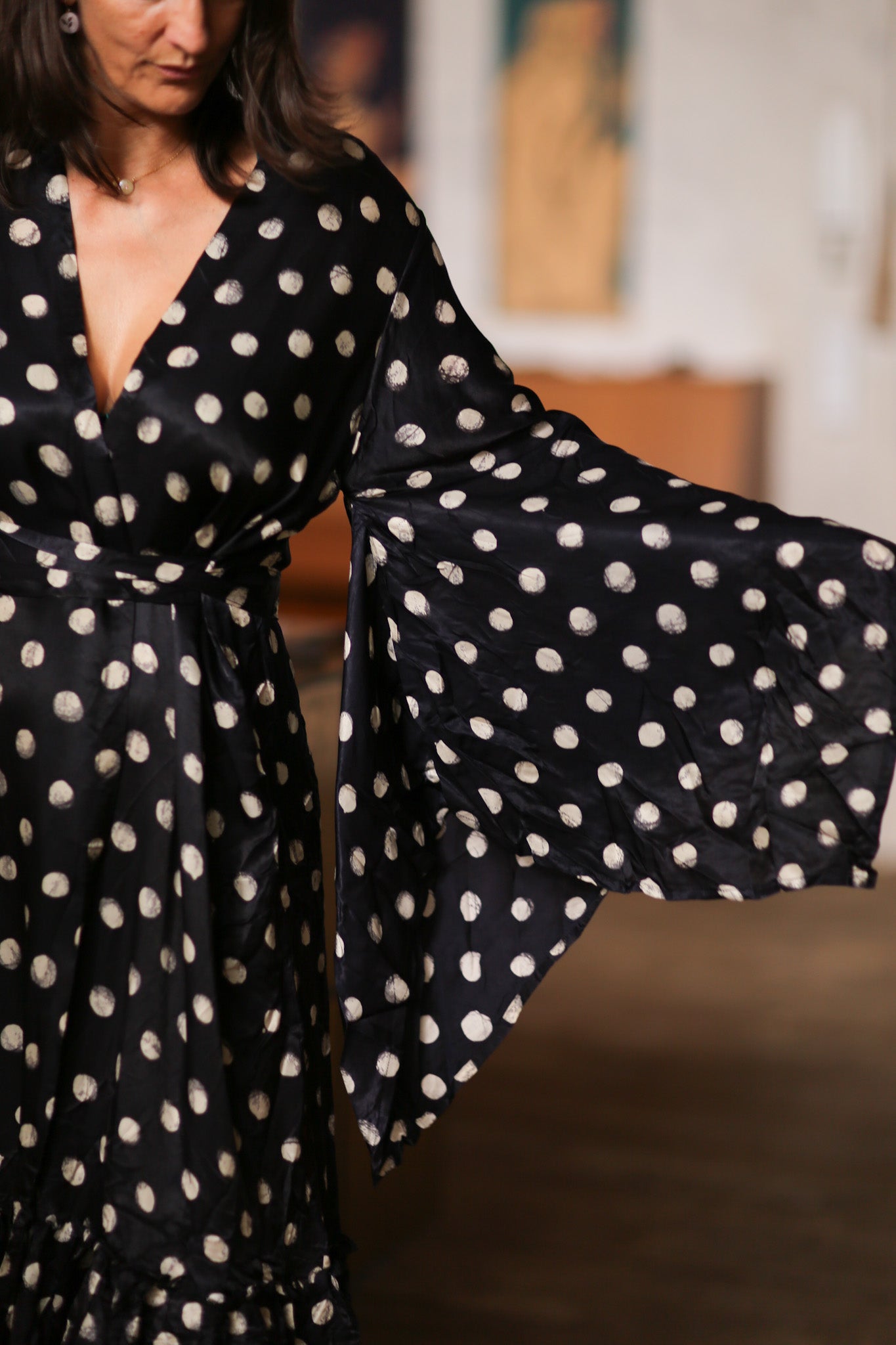 BLACK POLKA DOT XL SILK KIMONO - BANGKOK TAILOR CLOTHING STORE - HANDMADE CLOTHING