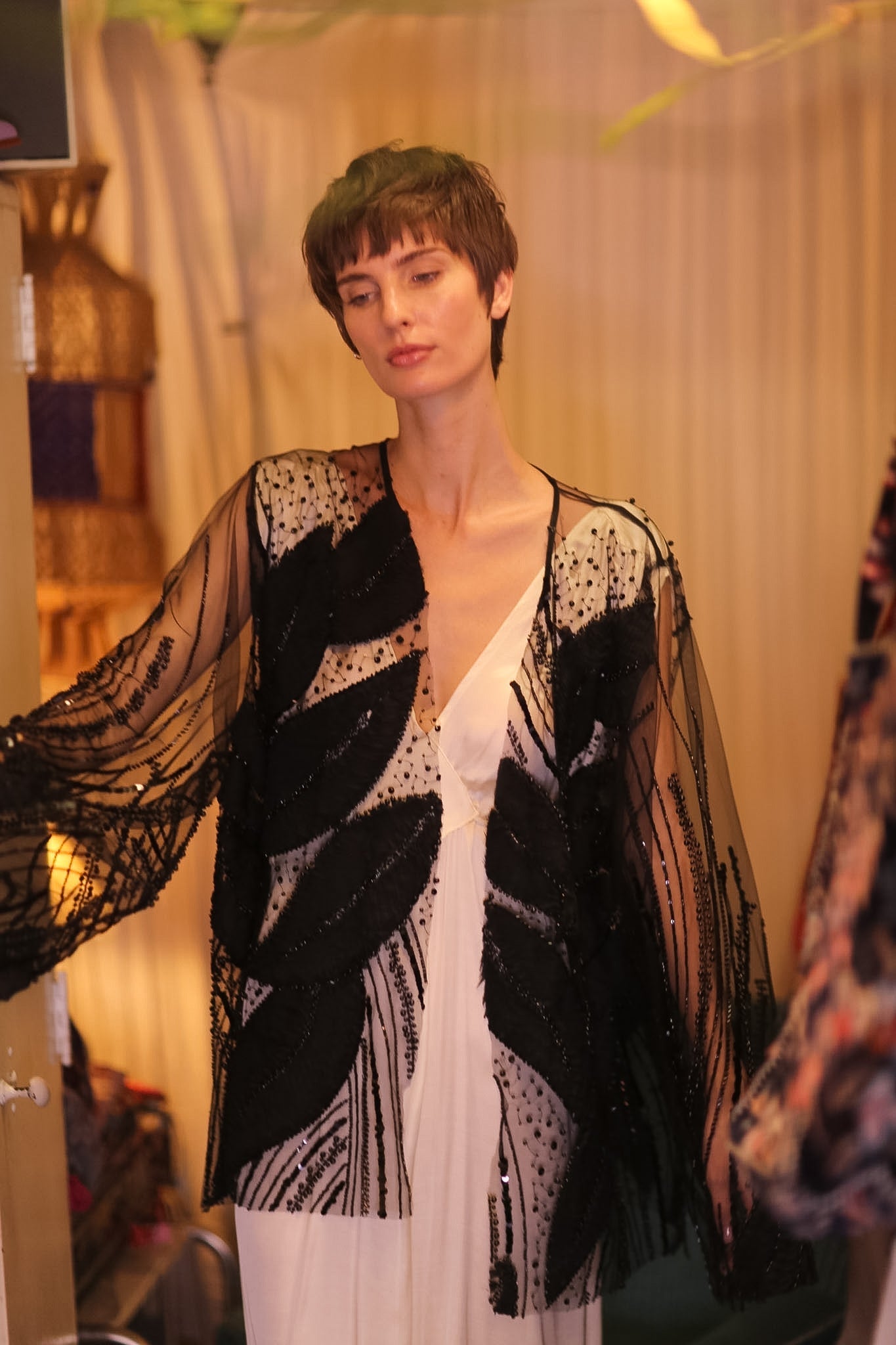 BLACK SEQUINS SHORT KIMONO LEAVES - BANGKOK TAILOR CLOTHING STORE - HANDMADE CLOTHING