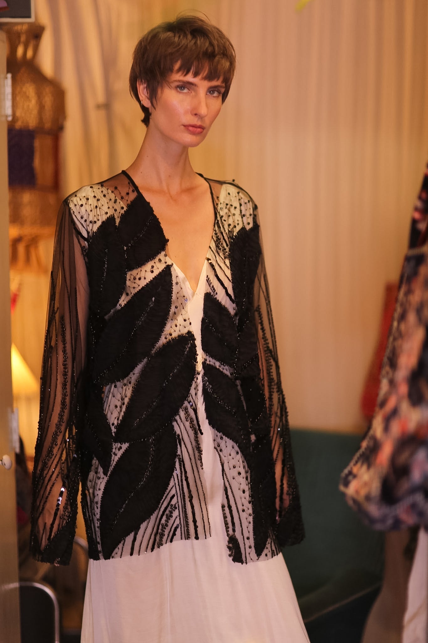 BLACK SEQUINS SHORT KIMONO LEAVES - BANGKOK TAILOR CLOTHING STORE - HANDMADE CLOTHING