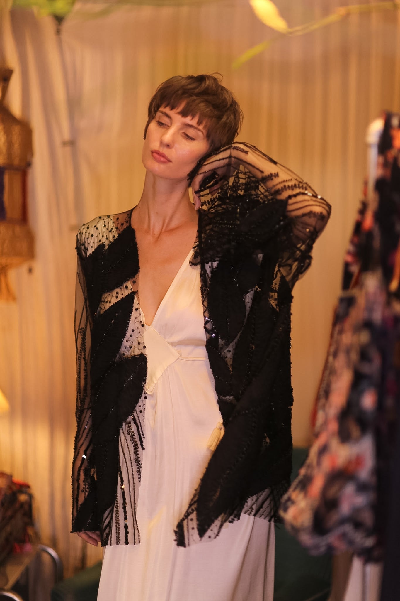 BLACK SEQUINS SHORT KIMONO LEAVES - BANGKOK TAILOR CLOTHING STORE - HANDMADE CLOTHING