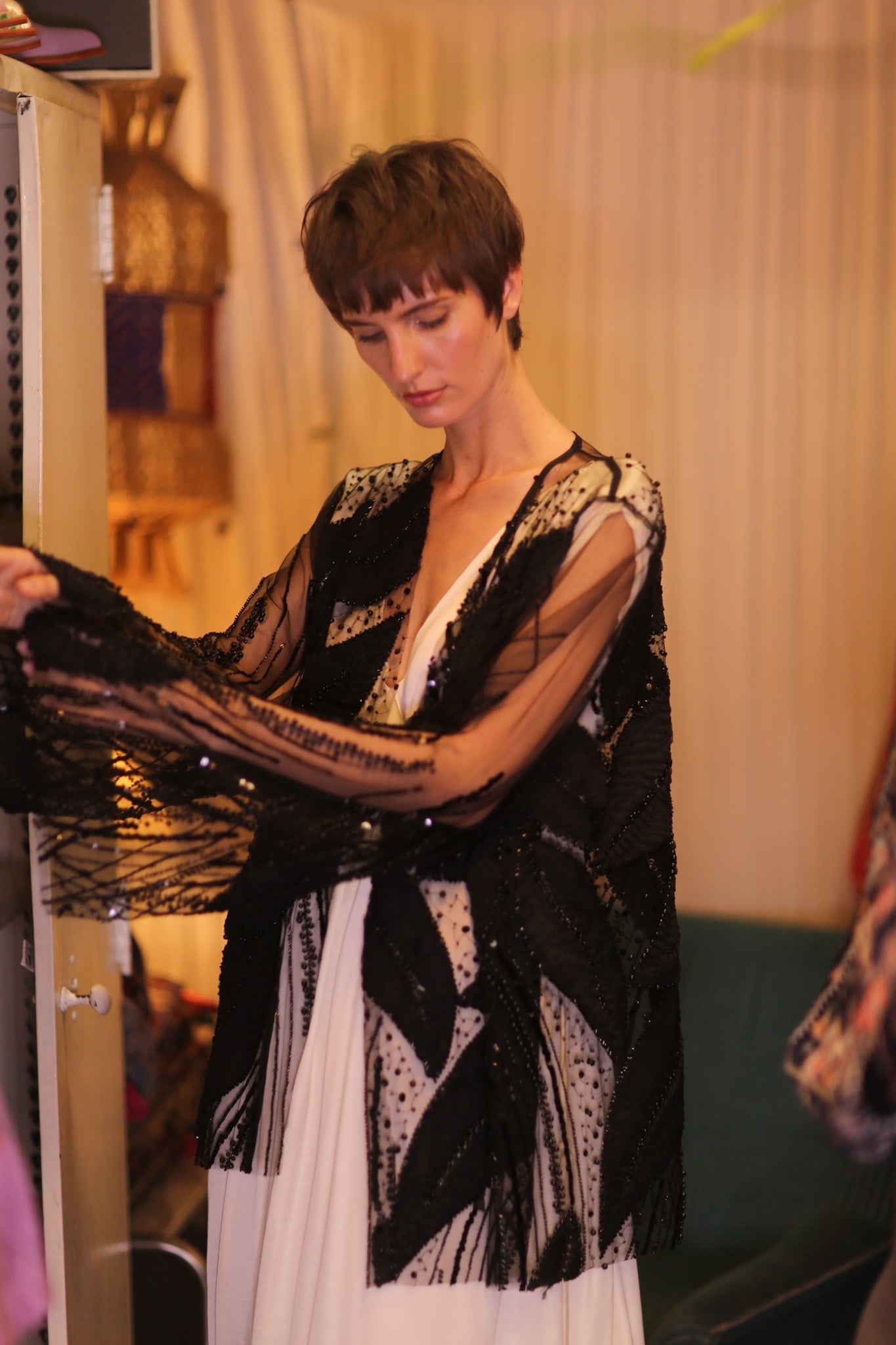 BLACK SEQUINS SHORT KIMONO LEAVES - BANGKOK TAILOR CLOTHING STORE - HANDMADE CLOTHING