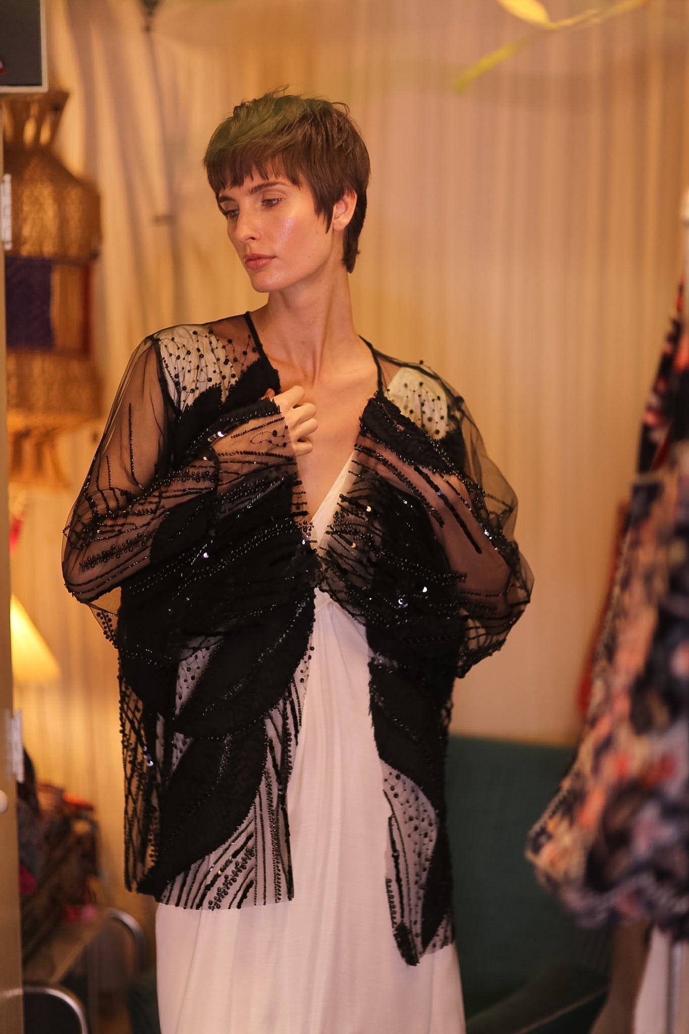 BLACK SEQUINS SHORT KIMONO LEAVES - BANGKOK TAILOR CLOTHING STORE - HANDMADE CLOTHING