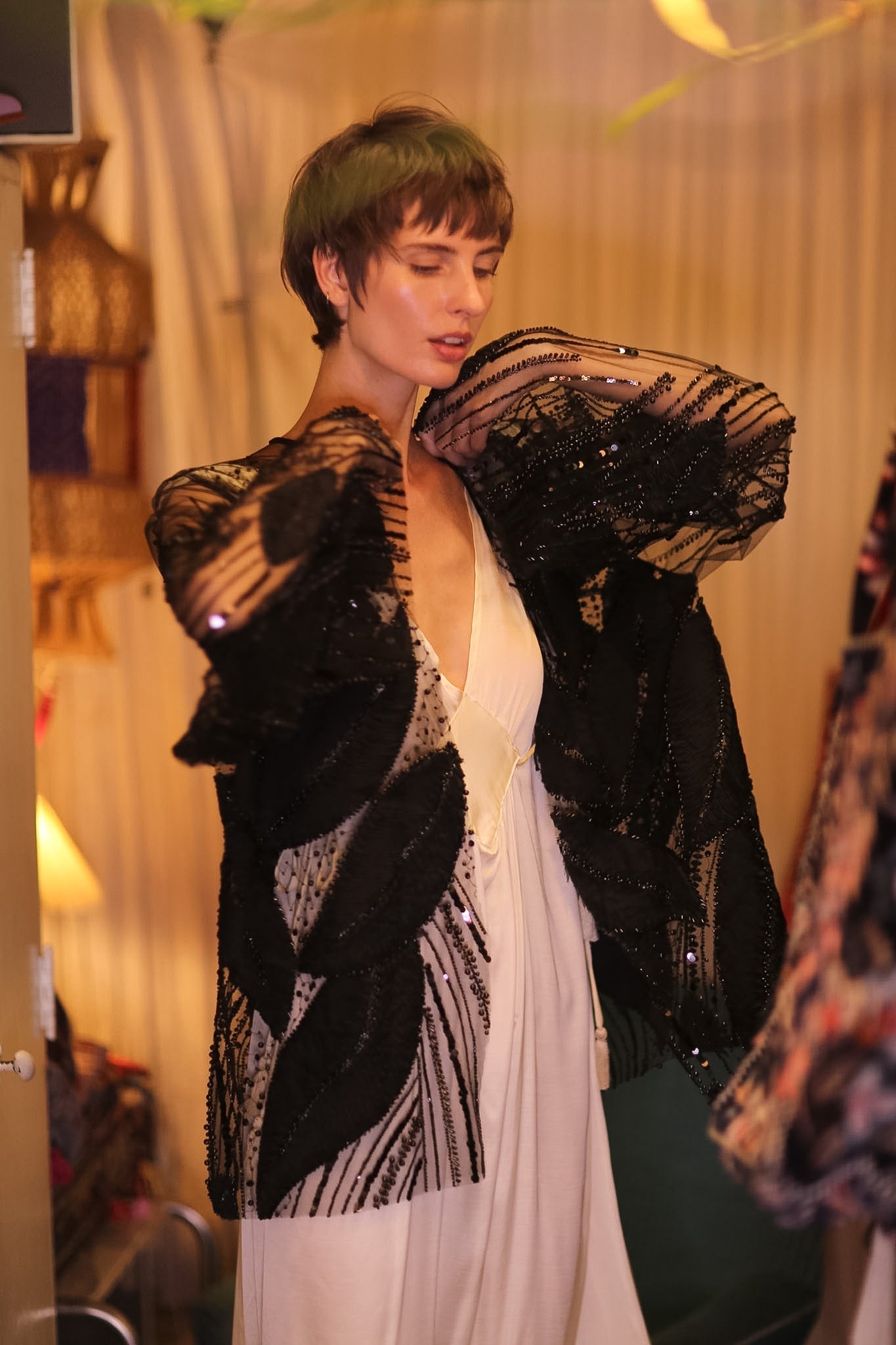 BLACK SEQUINS SHORT KIMONO LEAVES - BANGKOK TAILOR CLOTHING STORE - HANDMADE CLOTHING