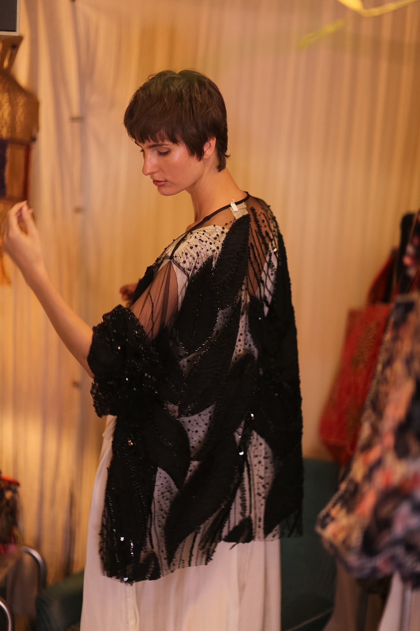 BLACK SEQUINS SHORT KIMONO LEAVES - BANGKOK TAILOR CLOTHING STORE - HANDMADE CLOTHING