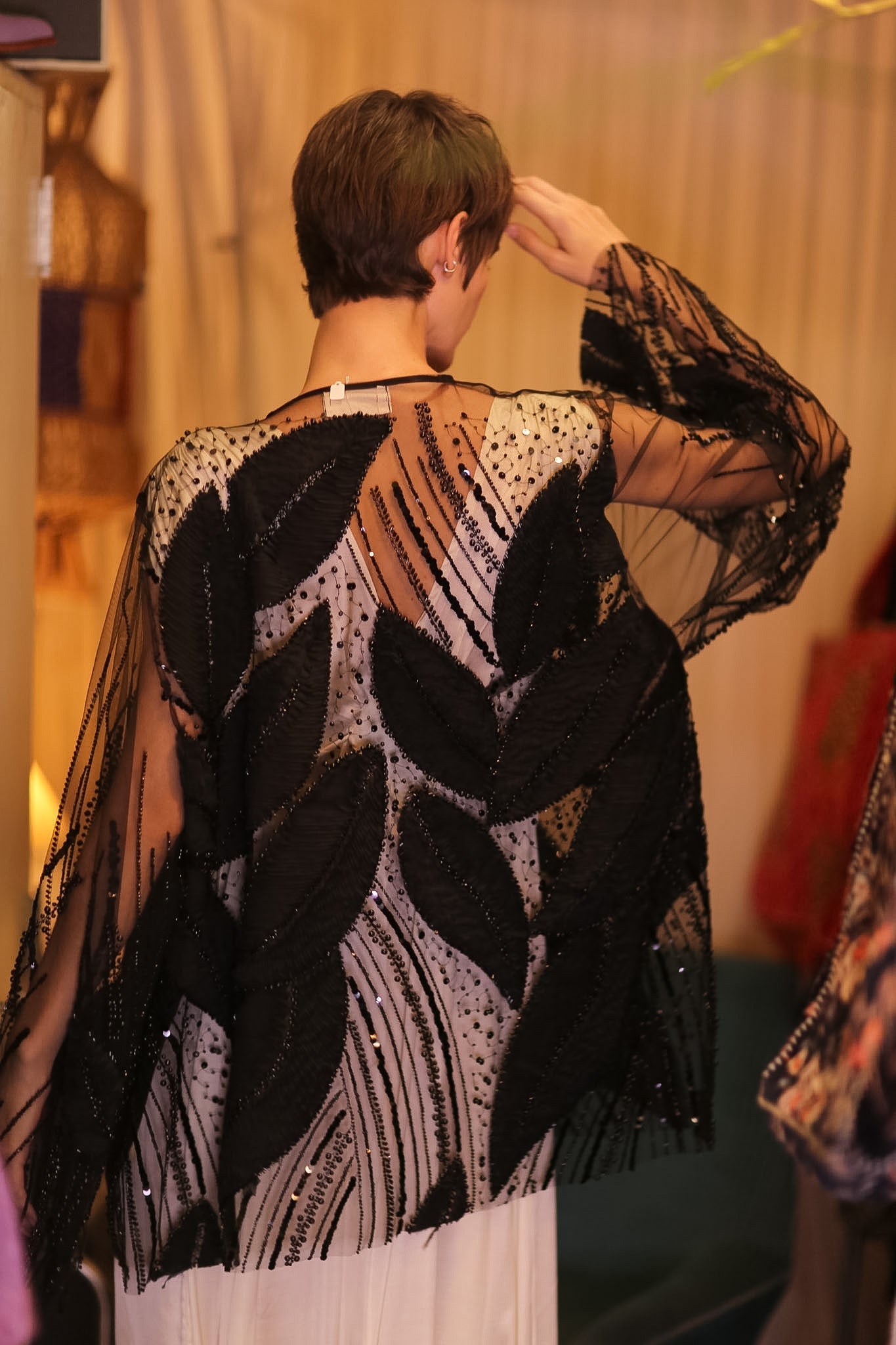 BLACK SEQUINS SHORT KIMONO LEAVES - BANGKOK TAILOR CLOTHING STORE - HANDMADE CLOTHING