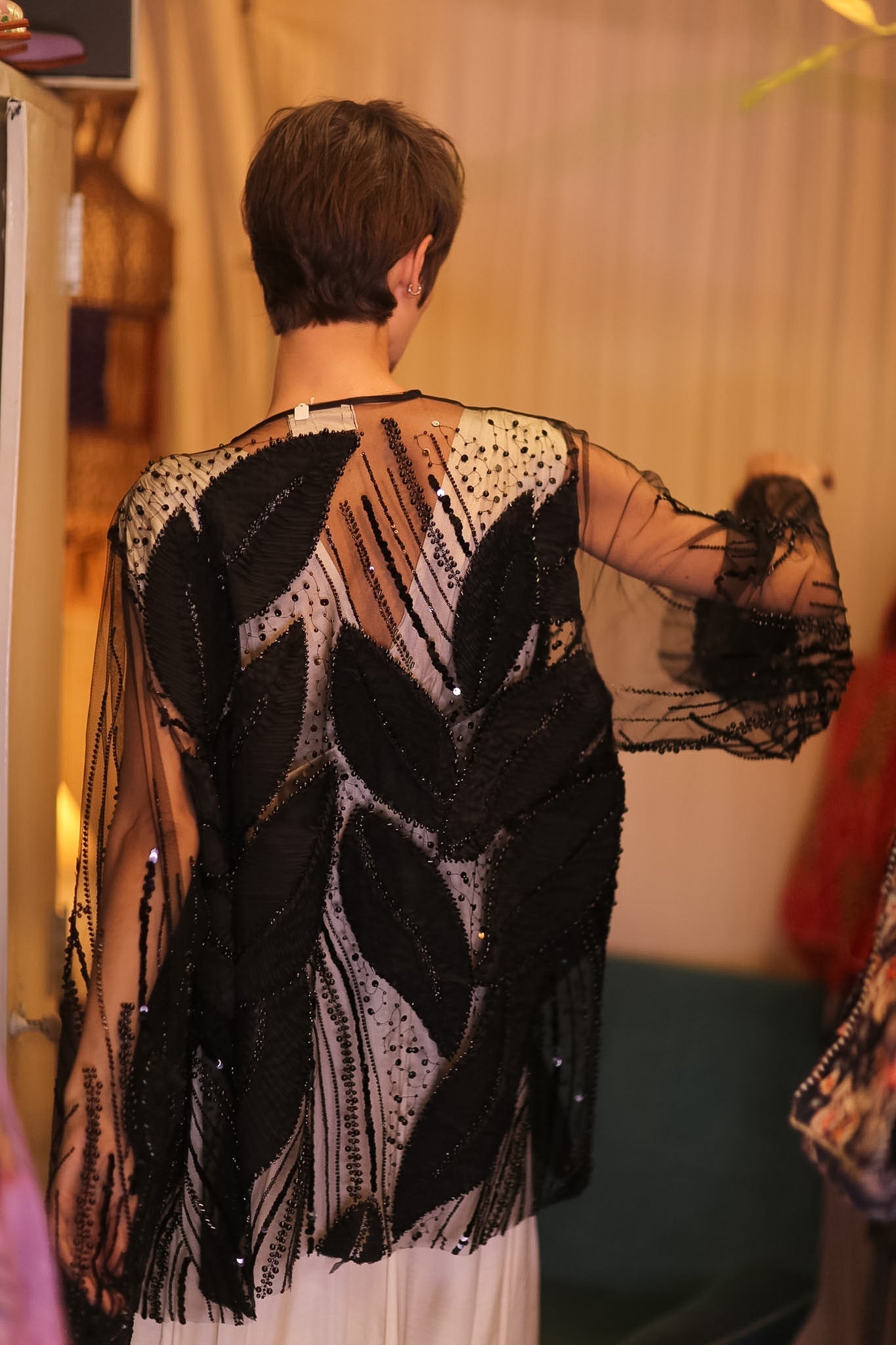 BLACK SEQUINS SHORT KIMONO LEAVES - BANGKOK TAILOR CLOTHING STORE - HANDMADE CLOTHING