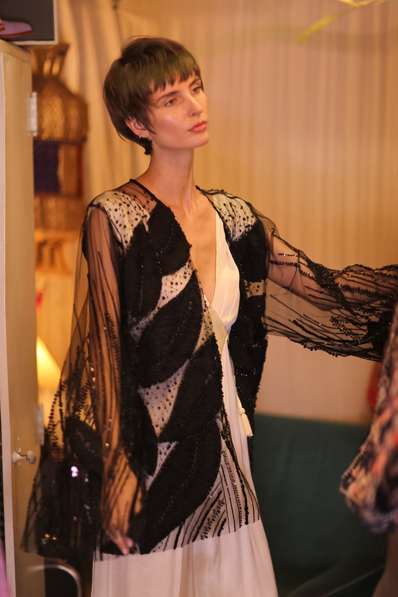 BLACK SEQUINS SHORT KIMONO LEAVES - BANGKOK TAILOR CLOTHING STORE - HANDMADE CLOTHING