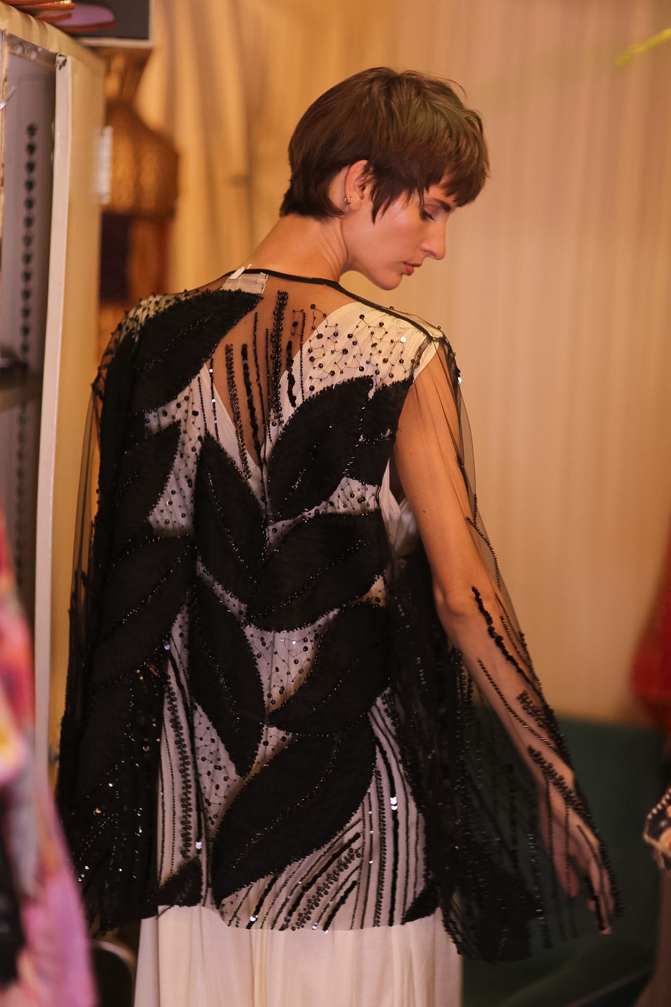 BLACK SEQUINS SHORT KIMONO LEAVES - BANGKOK TAILOR CLOTHING STORE - HANDMADE CLOTHING