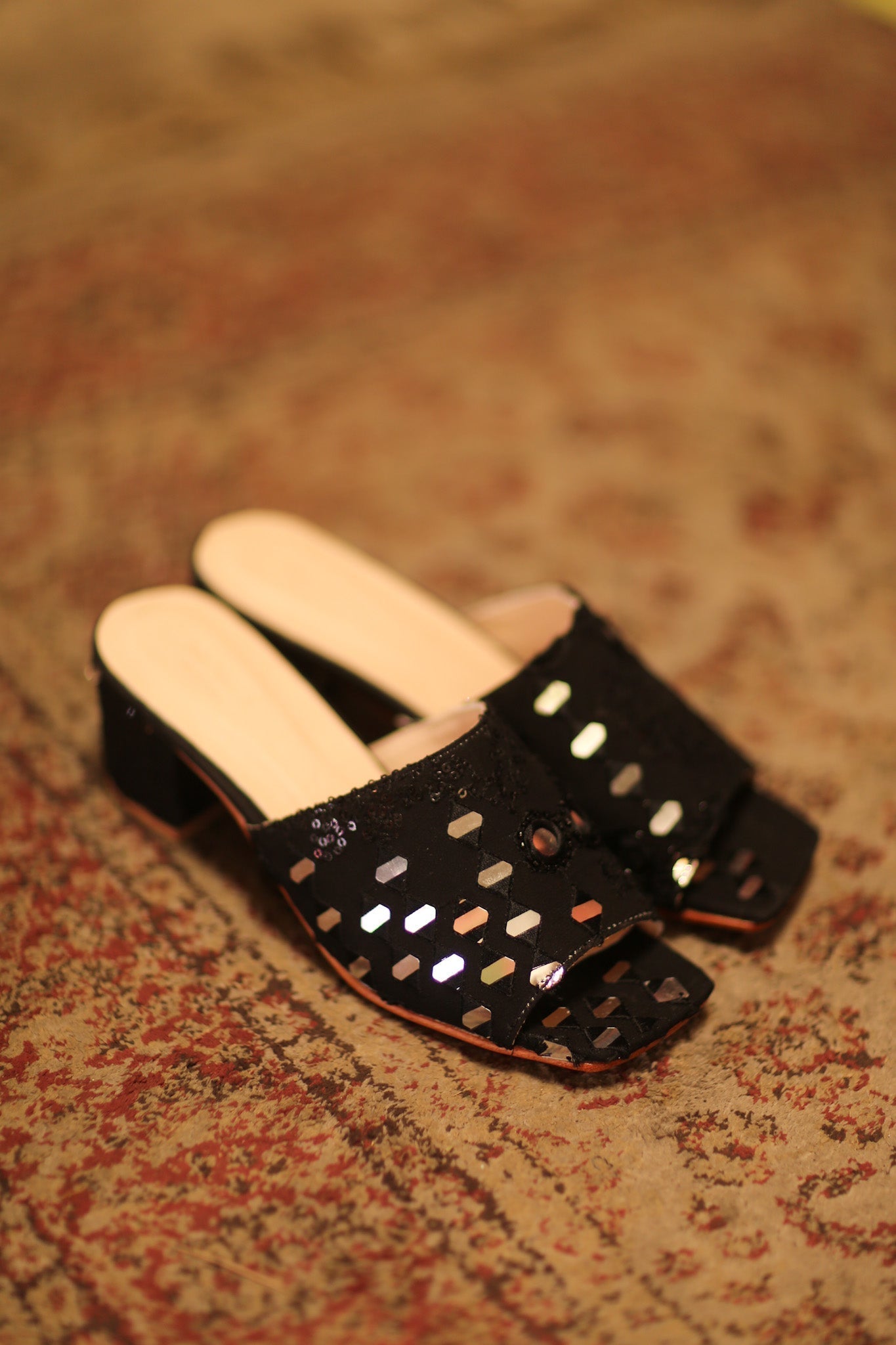 BLACK SILK EMBELLISHED MULES LENNY - BANGKOK TAILOR CLOTHING STORE - HANDMADE CLOTHING
