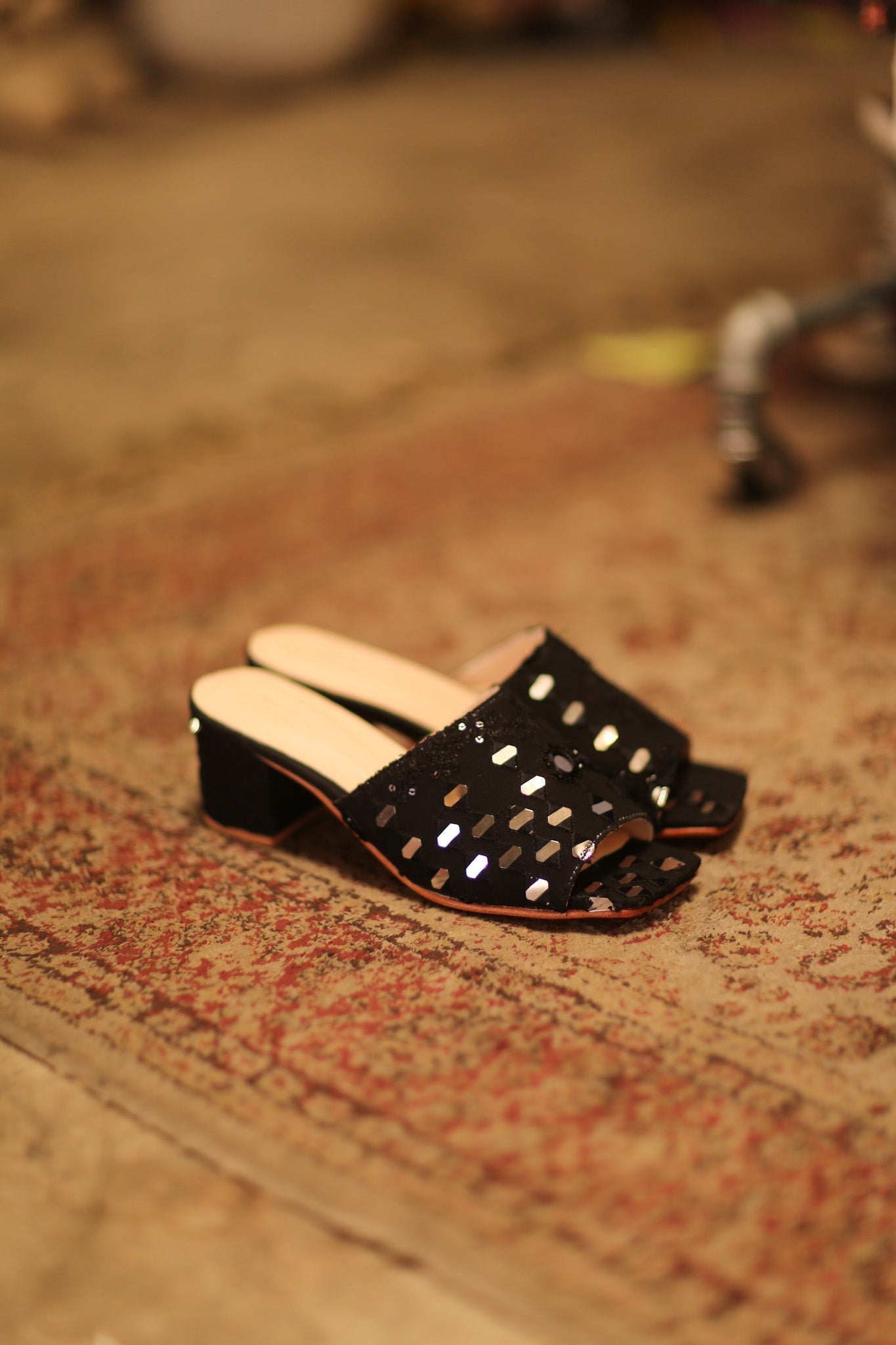 BLACK SILK EMBELLISHED MULES LENNY - BANGKOK TAILOR CLOTHING STORE - HANDMADE CLOTHING