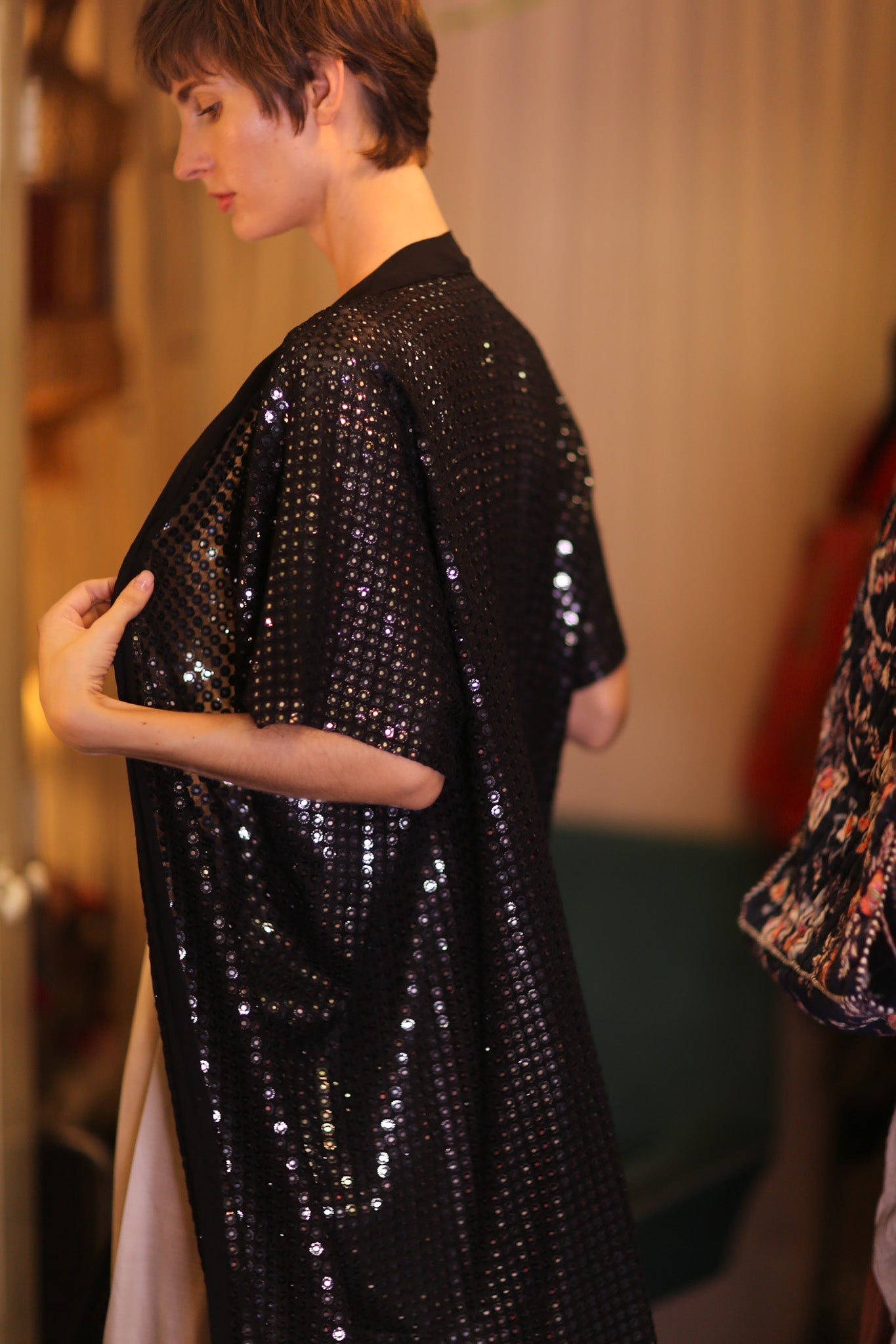 BlLACK GLASS SEQUIN LONG KIMONO - BANGKOK TAILOR CLOTHING STORE - HANDMADE CLOTHING