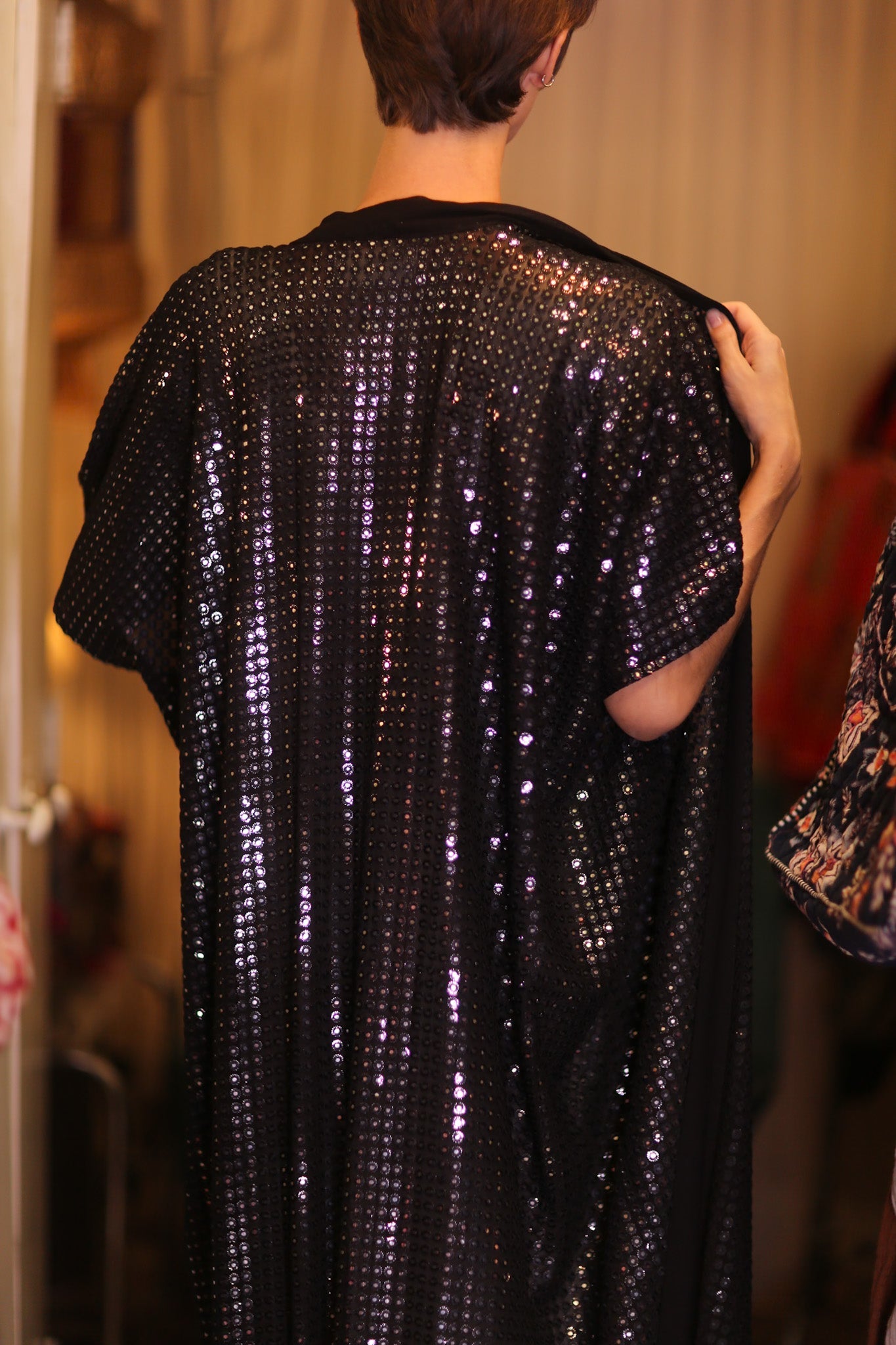 BlLACK GLASS SEQUIN LONG KIMONO - BANGKOK TAILOR CLOTHING STORE - HANDMADE CLOTHING