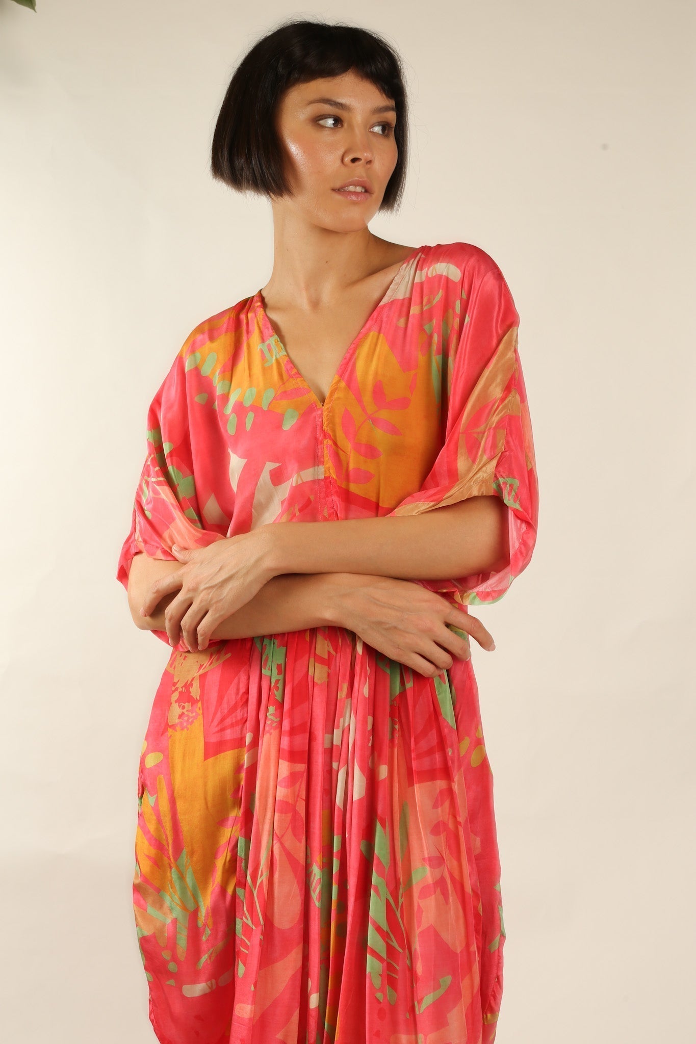 BLOCK PRINT SILK KAFTAN DRESS LIA - BANGKOK TAILOR CLOTHING STORE - HANDMADE CLOTHING