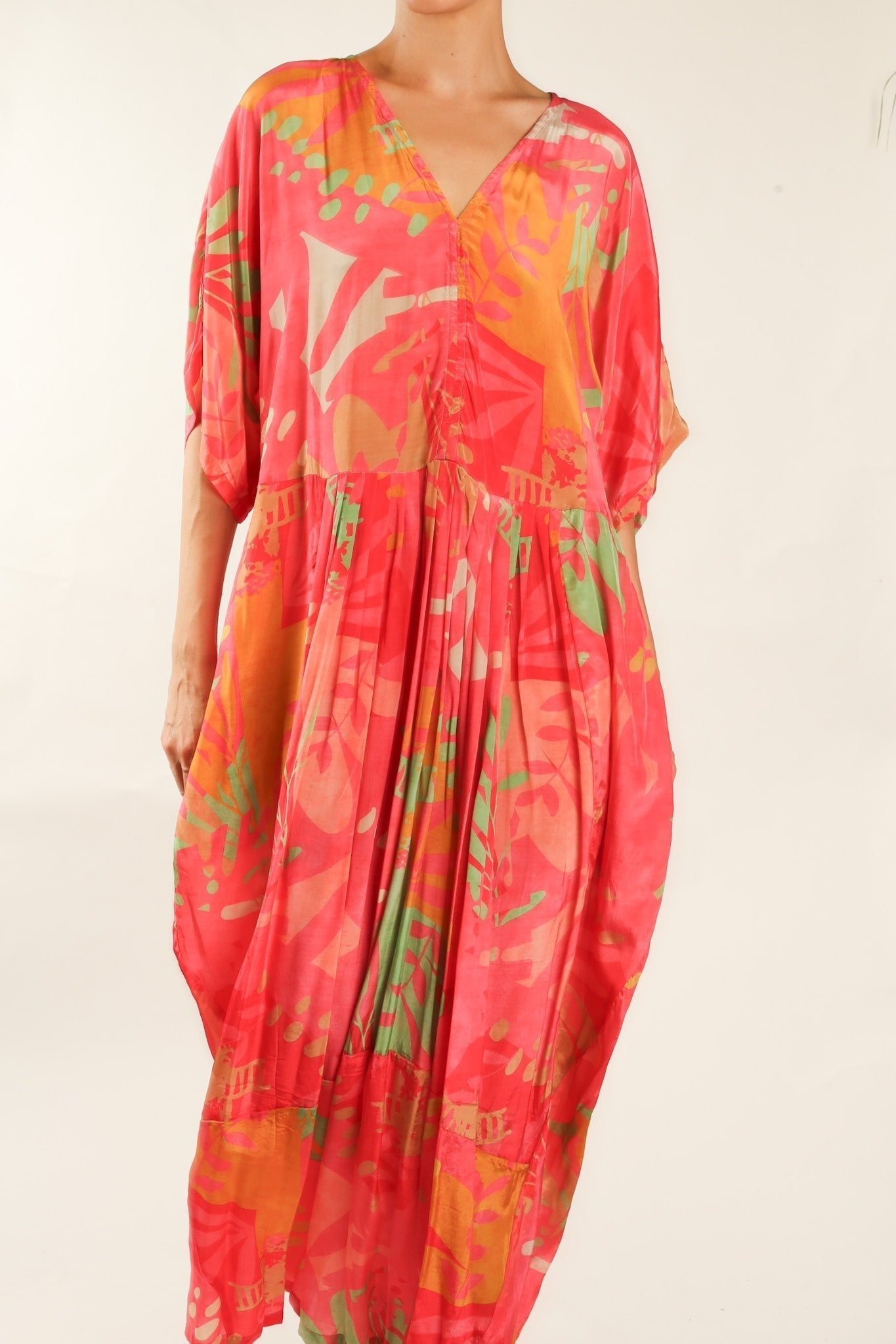 BLOCK PRINT SILK KAFTAN DRESS LIA - BANGKOK TAILOR CLOTHING STORE - HANDMADE CLOTHING