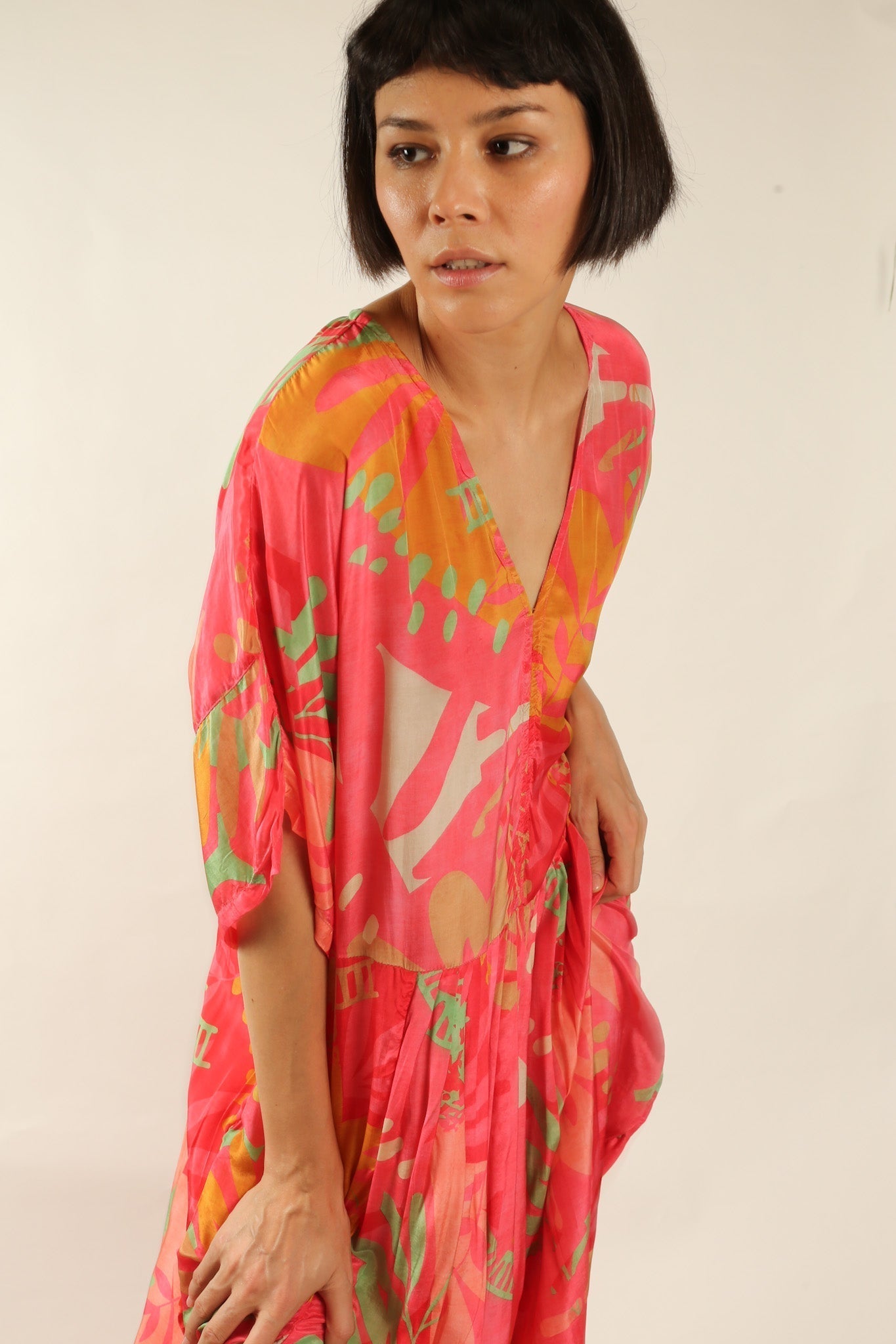 BLOCK PRINT SILK KAFTAN DRESS LIA - BANGKOK TAILOR CLOTHING STORE - HANDMADE CLOTHING