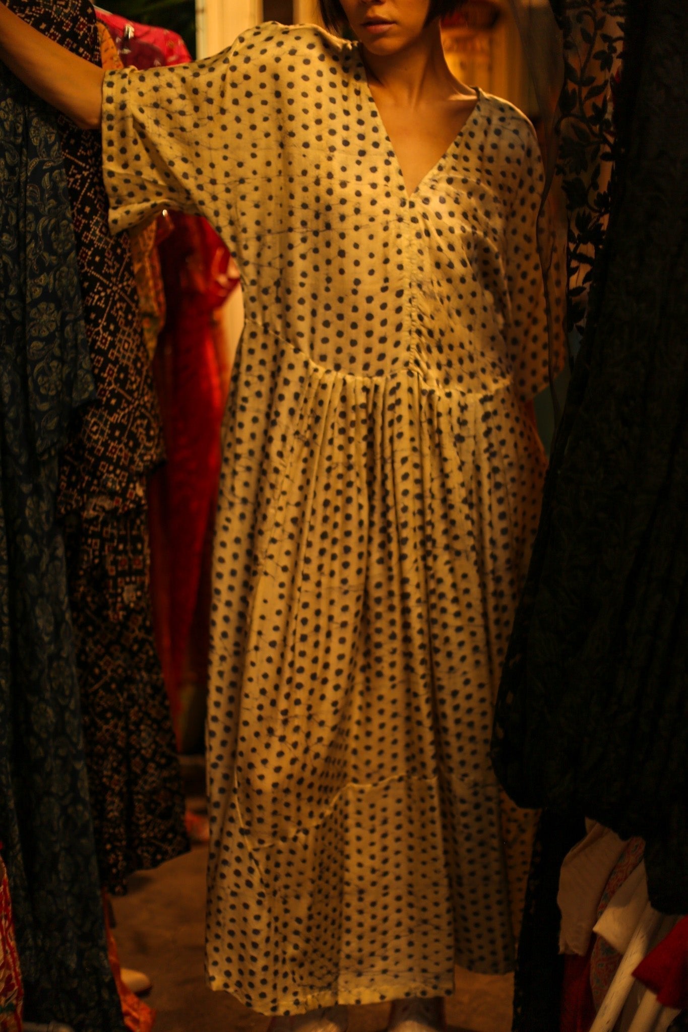 BLOCK PRINT SILK KAFTAN DRESS LIA - BANGKOK TAILOR CLOTHING STORE - HANDMADE CLOTHING