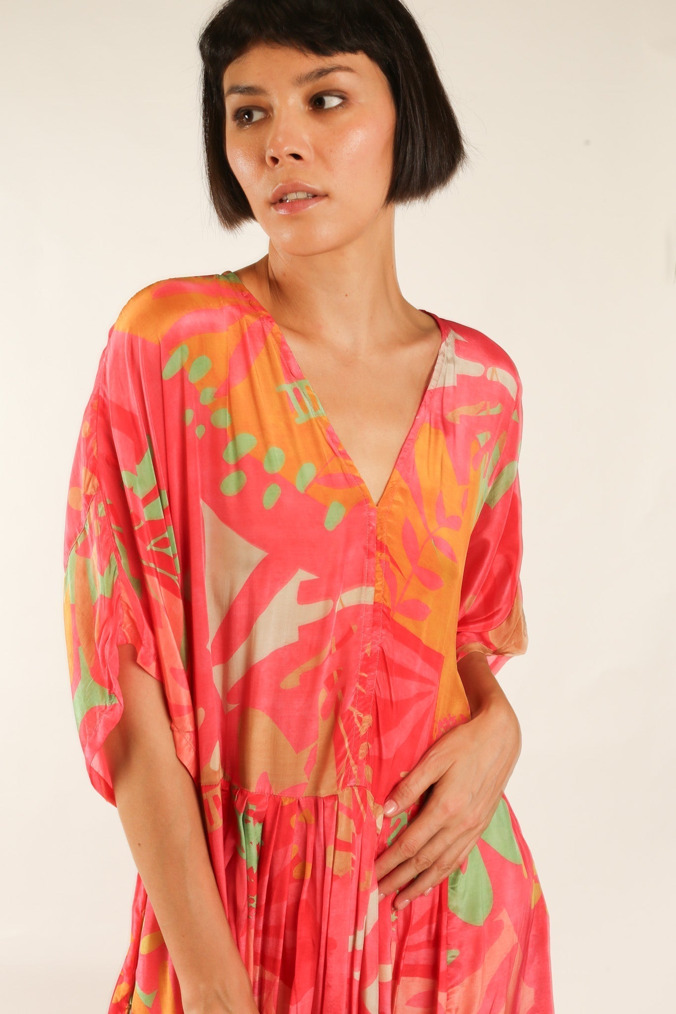 BLOCK PRINT SILK KAFTAN DRESS LIA - BANGKOK TAILOR CLOTHING STORE - HANDMADE CLOTHING