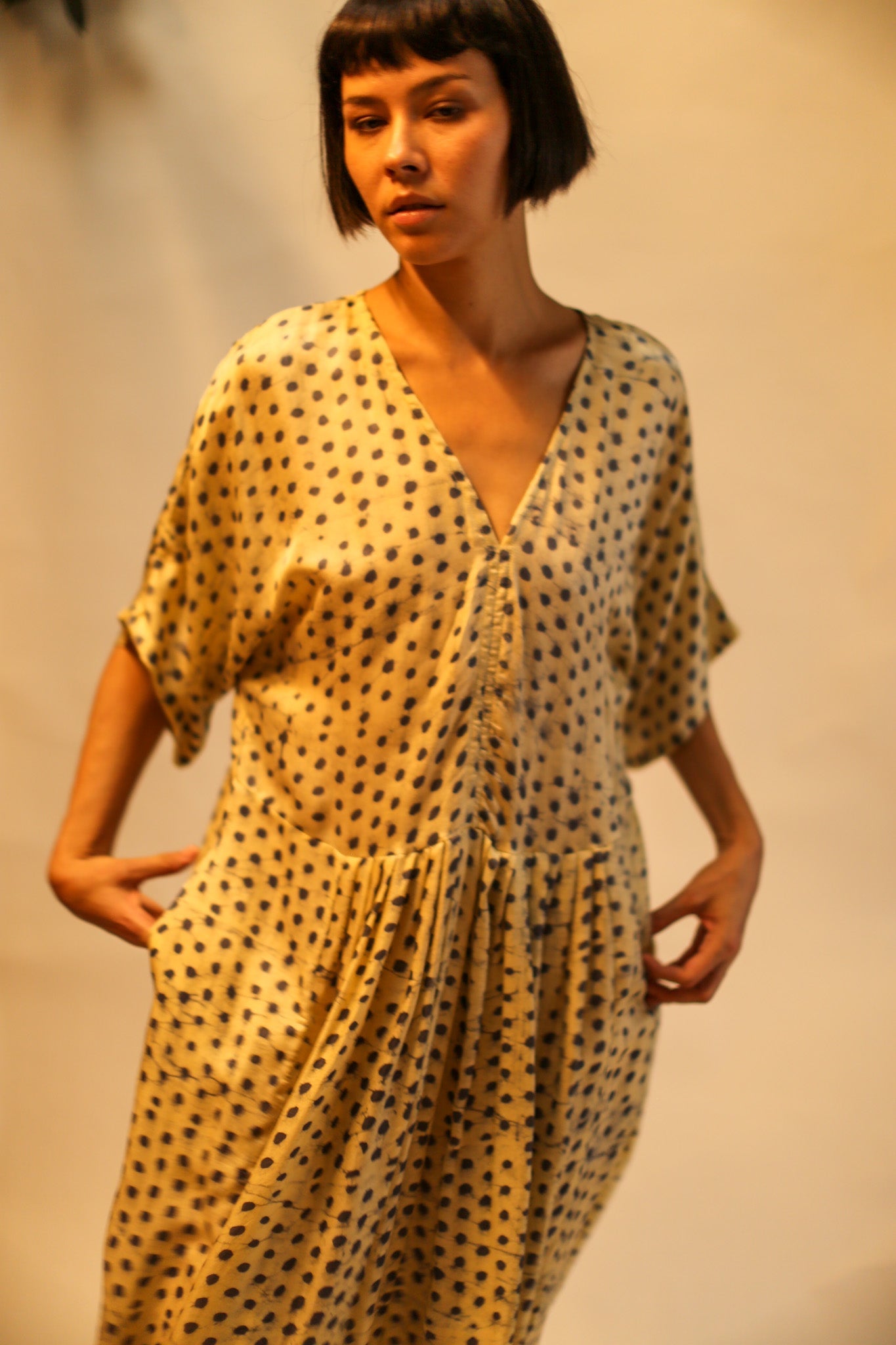 BLOCK PRINT SILK KAFTAN DRESS LIA - BANGKOK TAILOR CLOTHING STORE - HANDMADE CLOTHING