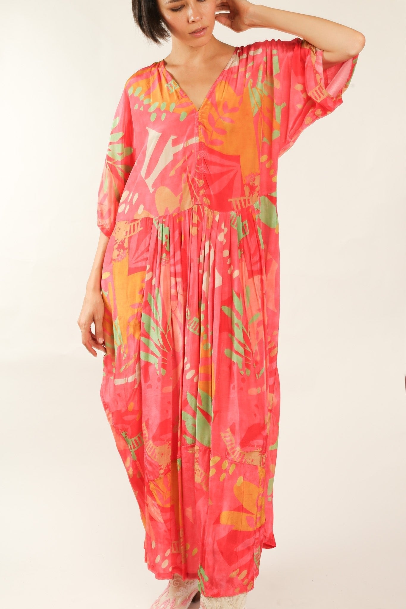 BLOCK PRINT SILK KAFTAN DRESS LIA - BANGKOK TAILOR CLOTHING STORE - HANDMADE CLOTHING