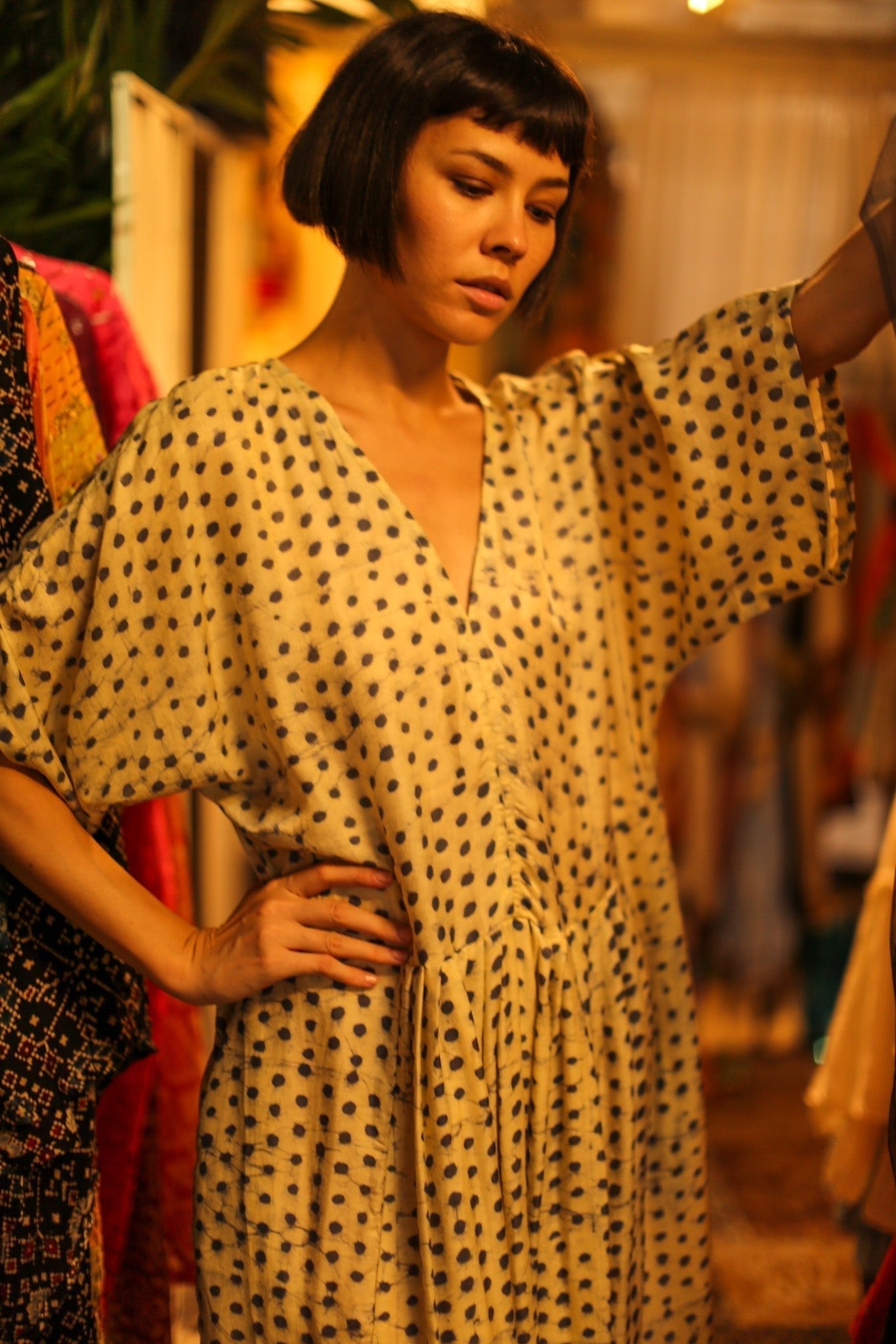 BLOCK PRINT SILK KAFTAN DRESS LIA - BANGKOK TAILOR CLOTHING STORE - HANDMADE CLOTHING