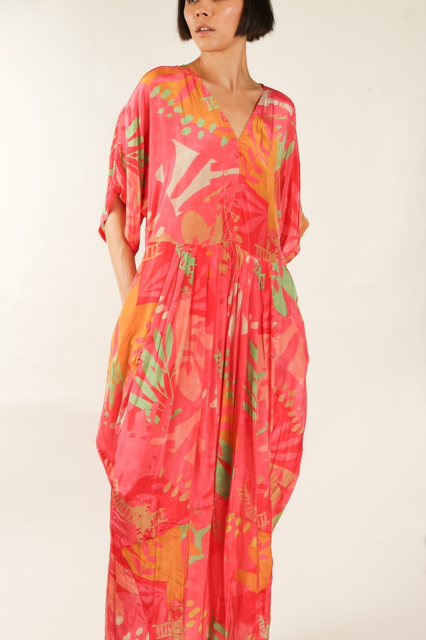 BLOCK PRINT SILK KAFTAN DRESS LIA - BANGKOK TAILOR CLOTHING STORE - HANDMADE CLOTHING