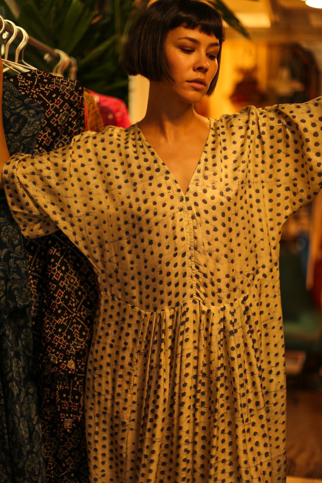 BLOCK PRINT SILK KAFTAN DRESS LIA - BANGKOK TAILOR CLOTHING STORE - HANDMADE CLOTHING