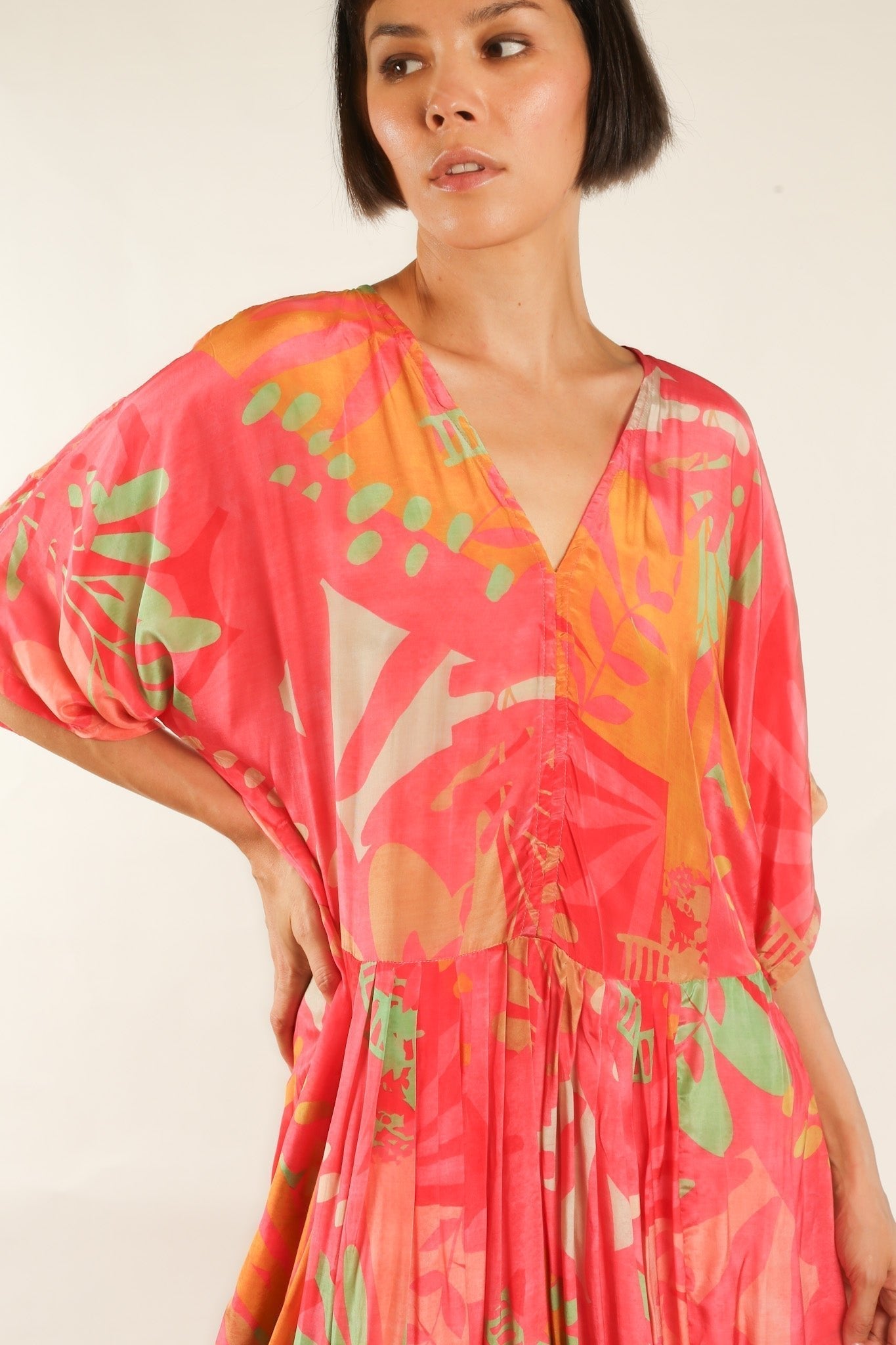 BLOCK PRINT SILK KAFTAN DRESS LIA - BANGKOK TAILOR CLOTHING STORE - HANDMADE CLOTHING