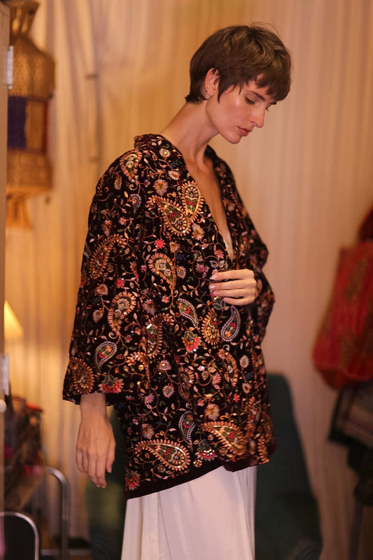 BROWN EMBROIDERED VELVET SHORT KIMONO THITKHET - BANGKOK TAILOR CLOTHING STORE - HANDMADE CLOTHING