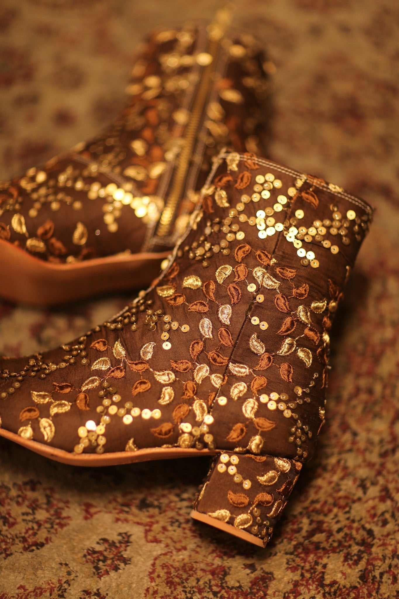 BROWN SEQUIN EMBROIDERED BOOTS - BANGKOK TAILOR CLOTHING STORE - HANDMADE CLOTHING