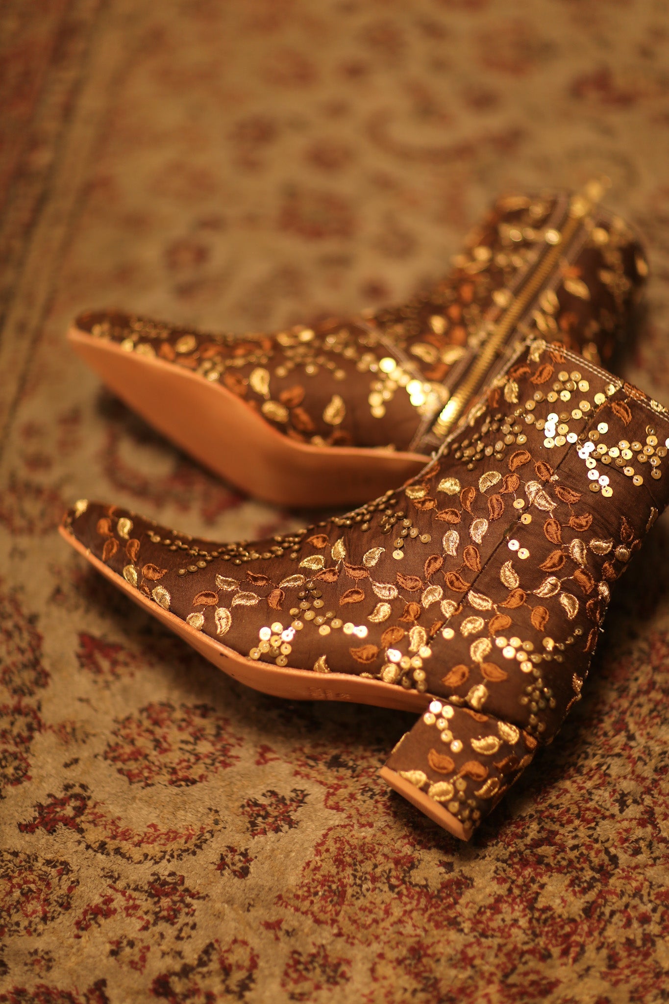 BROWN SEQUIN EMBROIDERED BOOTS - BANGKOK TAILOR CLOTHING STORE - HANDMADE CLOTHING