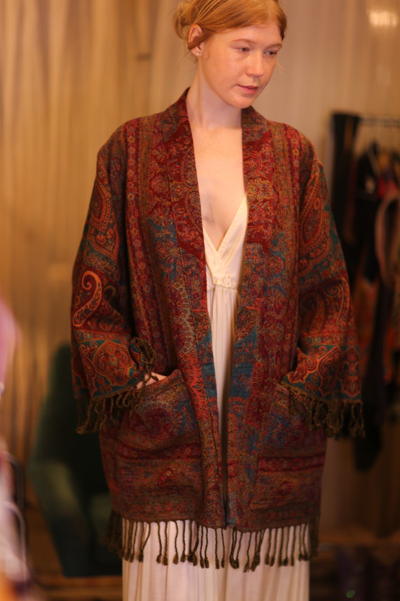 CONE PATTERN EMBROIDERED COTTON WOOL SHAWL HAYSHAN - BANGKOK TAILOR CLOTHING STORE - HANDMADE CLOTHING