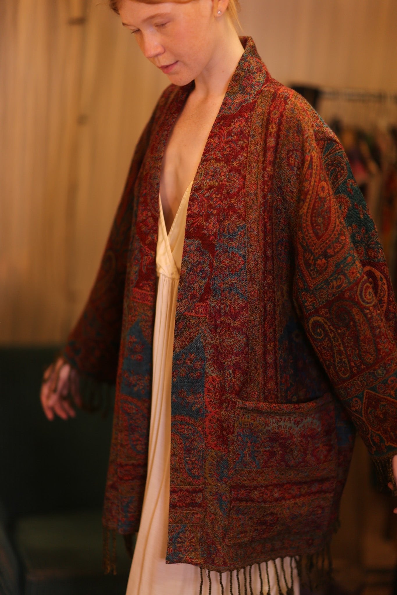 CONE PATTERN EMBROIDERED COTTON WOOL SHAWL HAYSHAN - BANGKOK TAILOR CLOTHING STORE - HANDMADE CLOTHING