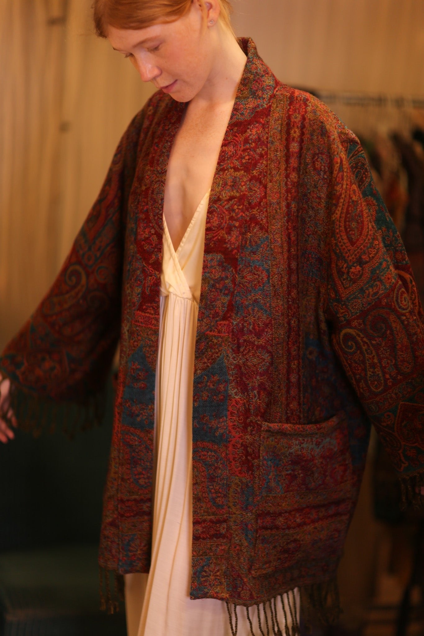 CONE PATTERN EMBROIDERED COTTON WOOL SHAWL HAYSHAN - BANGKOK TAILOR CLOTHING STORE - HANDMADE CLOTHING