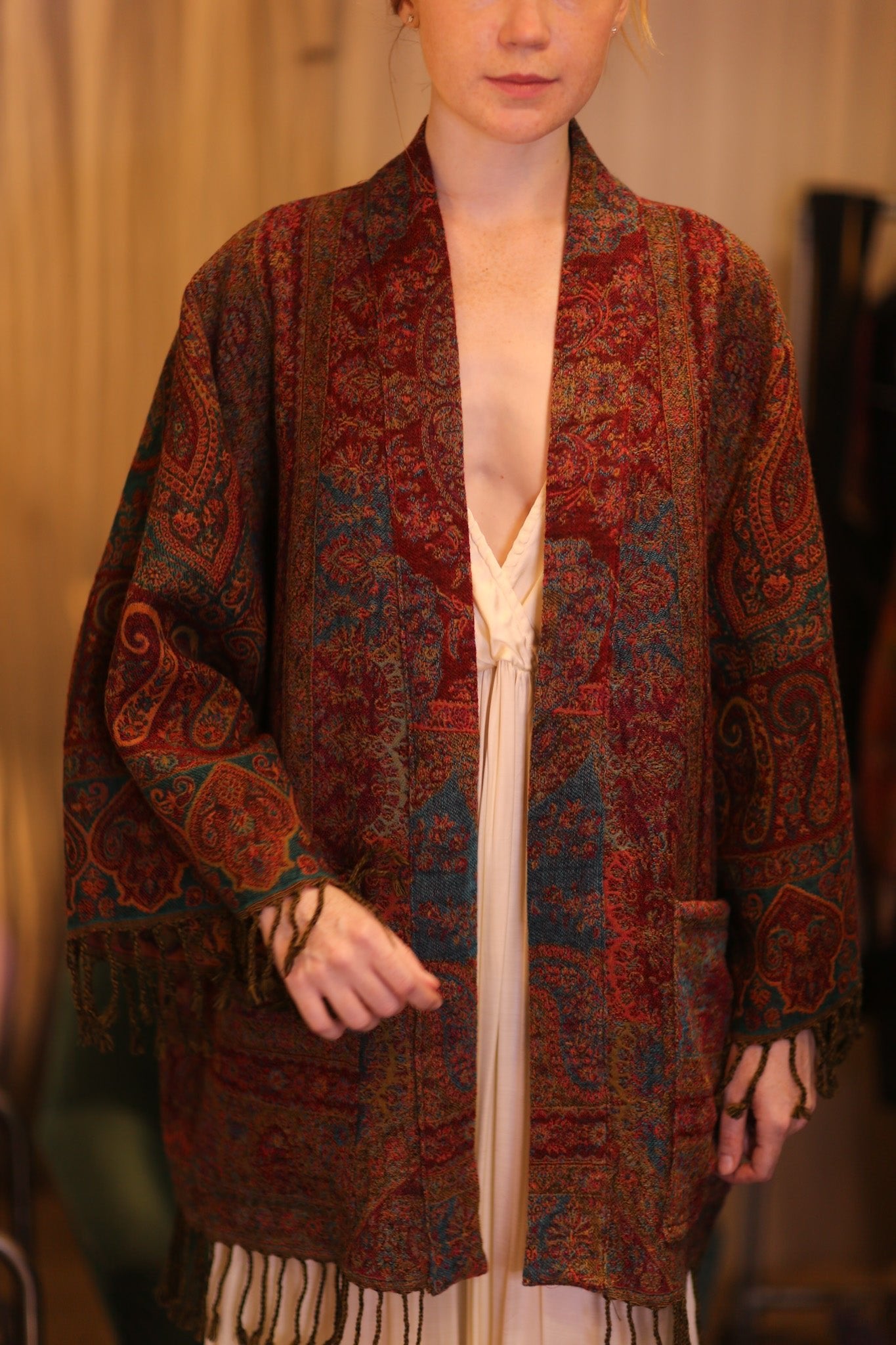 CONE PATTERN EMBROIDERED COTTON WOOL SHAWL HAYSHAN - BANGKOK TAILOR CLOTHING STORE - HANDMADE CLOTHING
