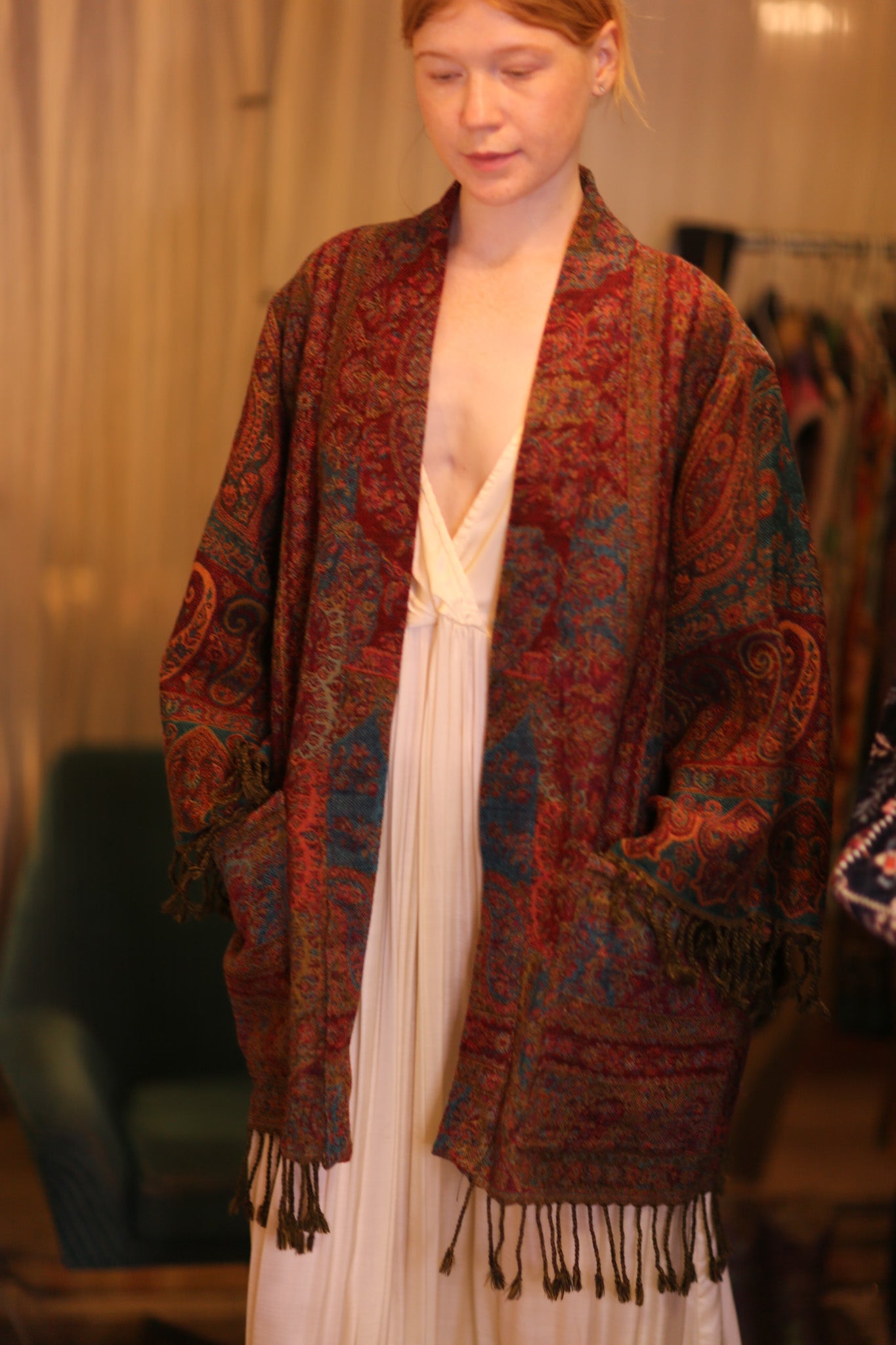 CONE PATTERN EMBROIDERED COTTON WOOL SHAWL HAYSHAN - BANGKOK TAILOR CLOTHING STORE - HANDMADE CLOTHING