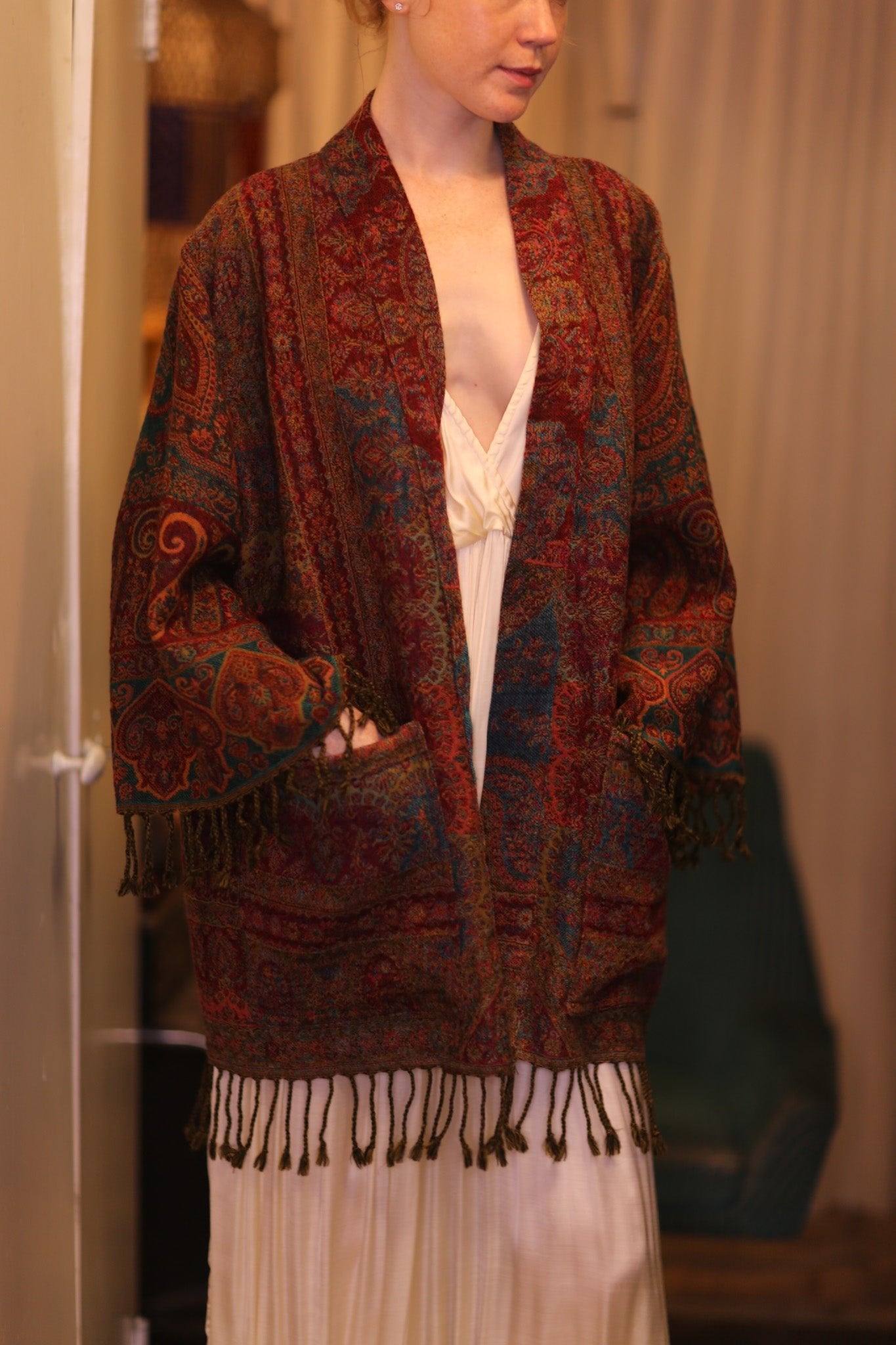 CONE PATTERN EMBROIDERED COTTON WOOL SHAWL HAYSHAN - BANGKOK TAILOR CLOTHING STORE - HANDMADE CLOTHING