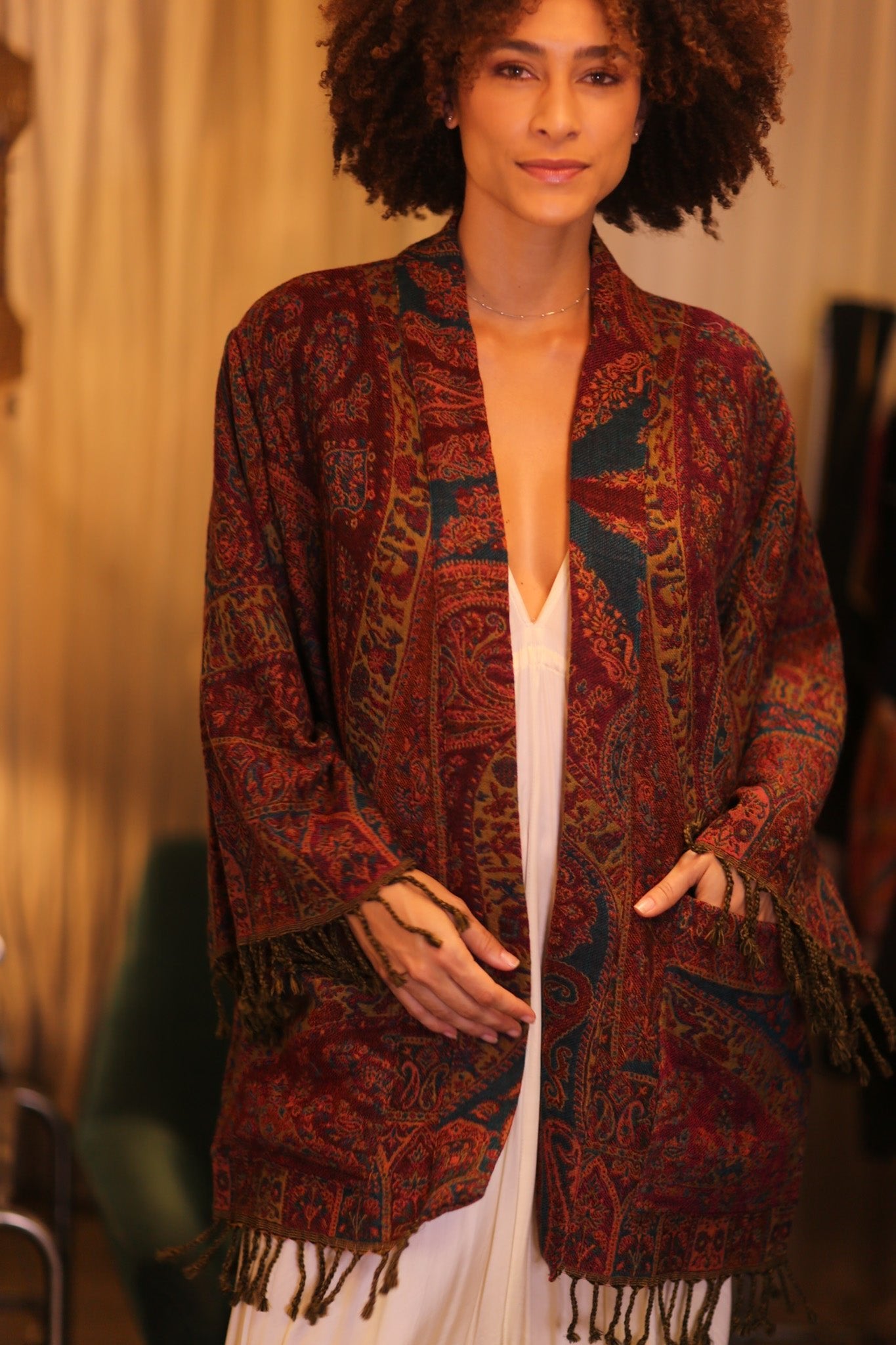 CONE PATTERN EMBROIDERED COTTON WOOL SHAWL KIMONO KAYCY - BANGKOK TAILOR CLOTHING STORE - HANDMADE CLOTHING