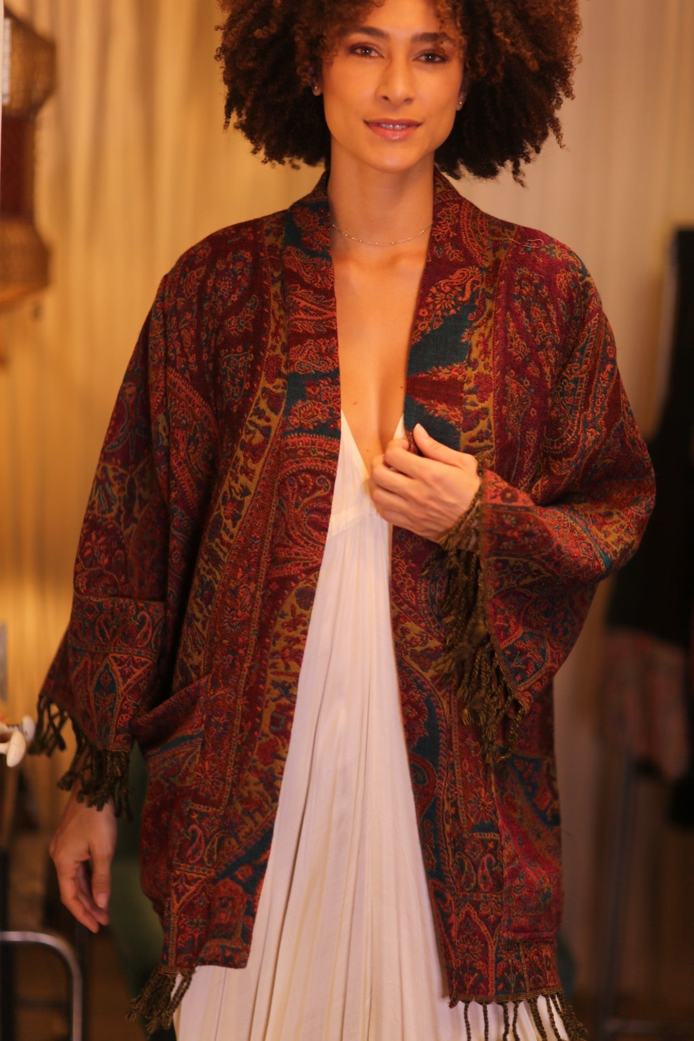 CONE PATTERN EMBROIDERED COTTON WOOL SHAWL KIMONO KAYCY - BANGKOK TAILOR CLOTHING STORE - HANDMADE CLOTHING