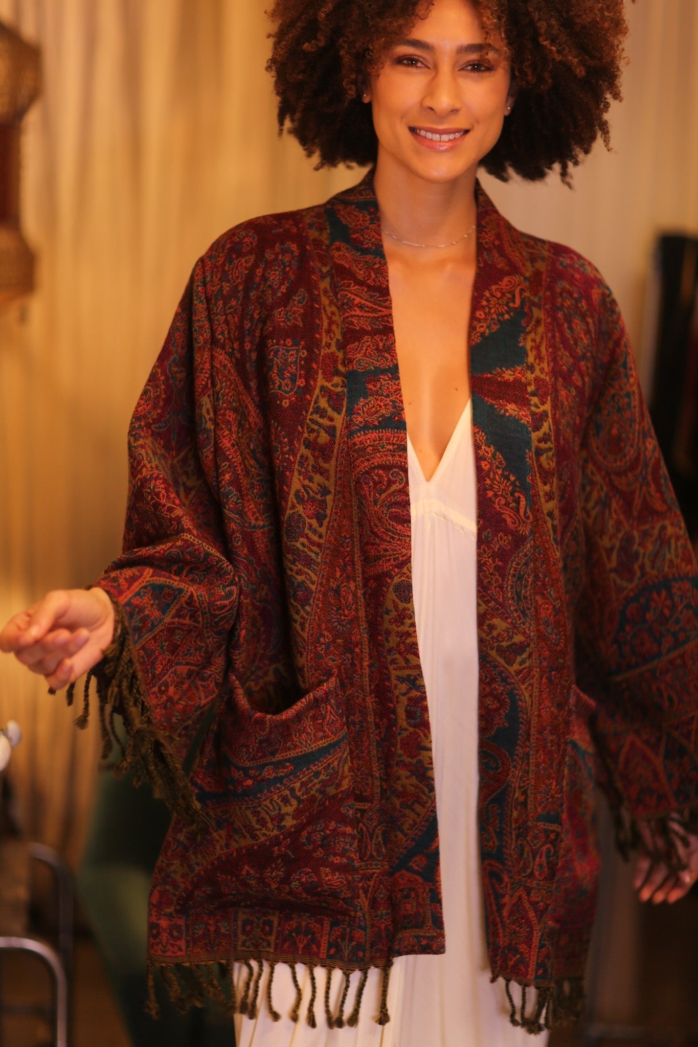 CONE PATTERN EMBROIDERED COTTON WOOL SHAWL KIMONO KAYCY - BANGKOK TAILOR CLOTHING STORE - HANDMADE CLOTHING