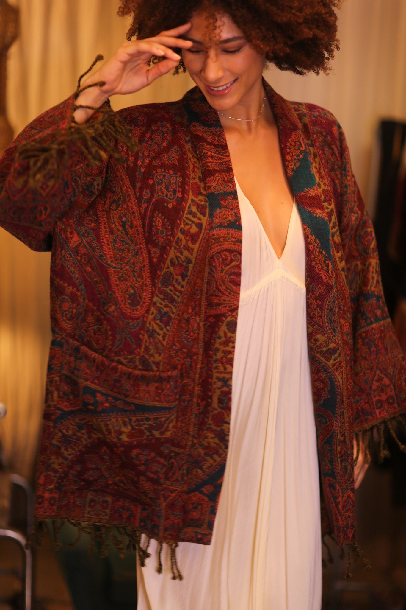 CONE PATTERN EMBROIDERED COTTON WOOL SHAWL KIMONO KAYCY - BANGKOK TAILOR CLOTHING STORE - HANDMADE CLOTHING