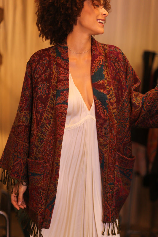 CONE PATTERN EMBROIDERED COTTON WOOL SHAWL KIMONO KAYCY - BANGKOK TAILOR CLOTHING STORE - HANDMADE CLOTHING