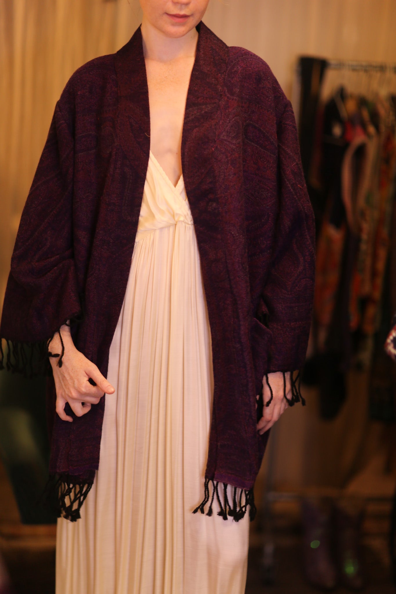 CONE PATTERN EMBROIDERED COTTON WOOL SHAWL THINZAR - BANGKOK TAILOR CLOTHING STORE - HANDMADE CLOTHING